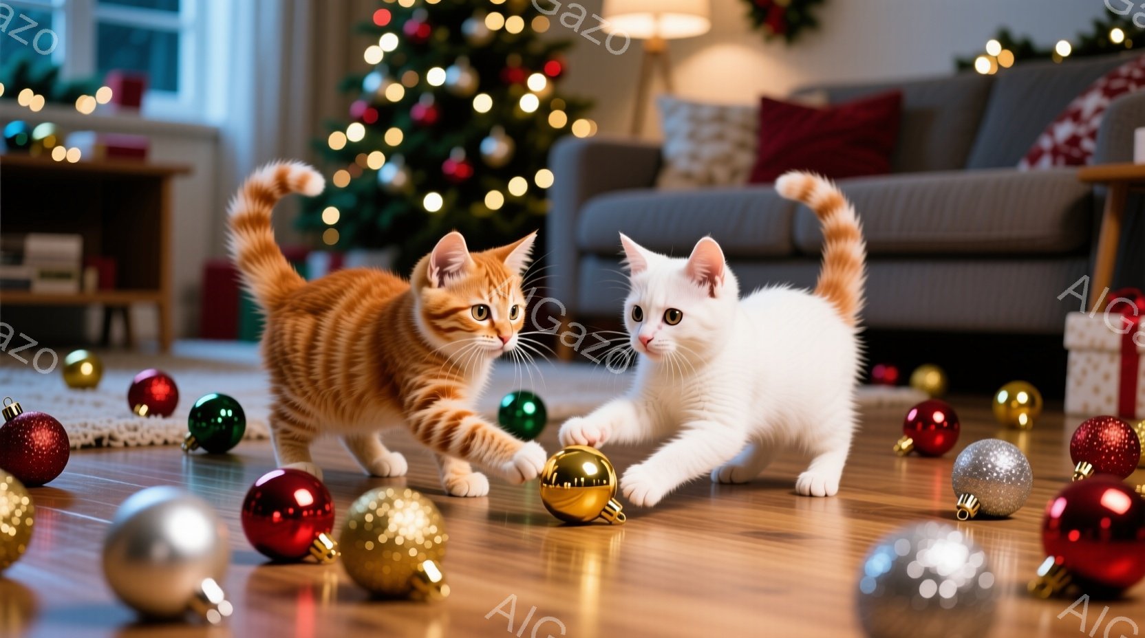 床には色とりどりのクリスマスオーナメントが散らばり、その中にオレンジ色の縞模様の猫と白い猫がいます。猫たちはオーナメントを追いかけようとしており、遊び心に満ちた表情で、身をかがめて前進しています。背景には、飾られたクリスマスツリーと、ソファが見え、暖かく、お祝いムードに満ちた室内が広がっています。