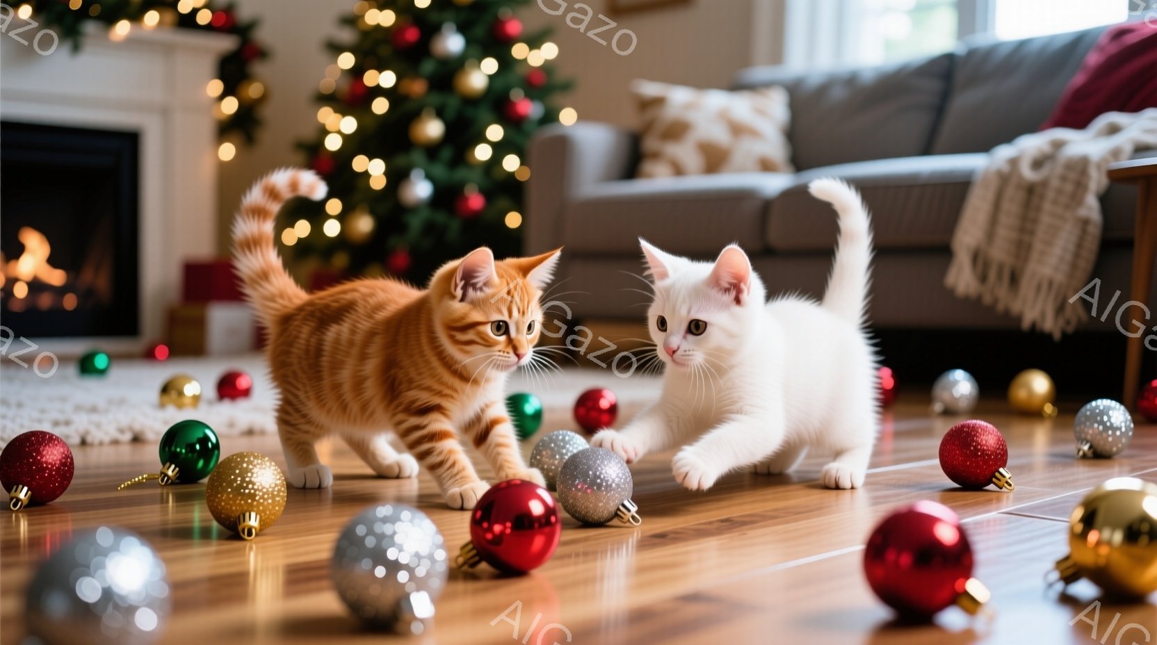 暖炉とクリスマスの飾り付けが背景にある、木の床にいる2匹の小さな子猫が写っています。1匹はオレンジ色の縞模様で、もう1匹は白く、どちらも遊び心のある表情で、クリスマスのオーナメントが散らばる床を歩いて - AI生成フリー素材