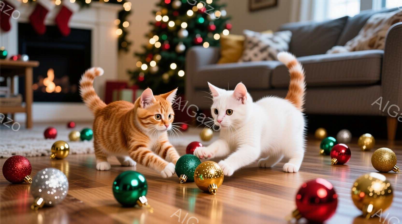 床にはクリスマスオーナメントが散らばり、オレンジ色のタビー猫と白い猫が遊んでいます。猫たちは前足を伸ばしてオーナメントを追いかけ、活発で遊び心のある表情をしています。背景にはクリスマスツリーと暖炉があり、室内は温かく、お祝いの雰囲気が漂っています。