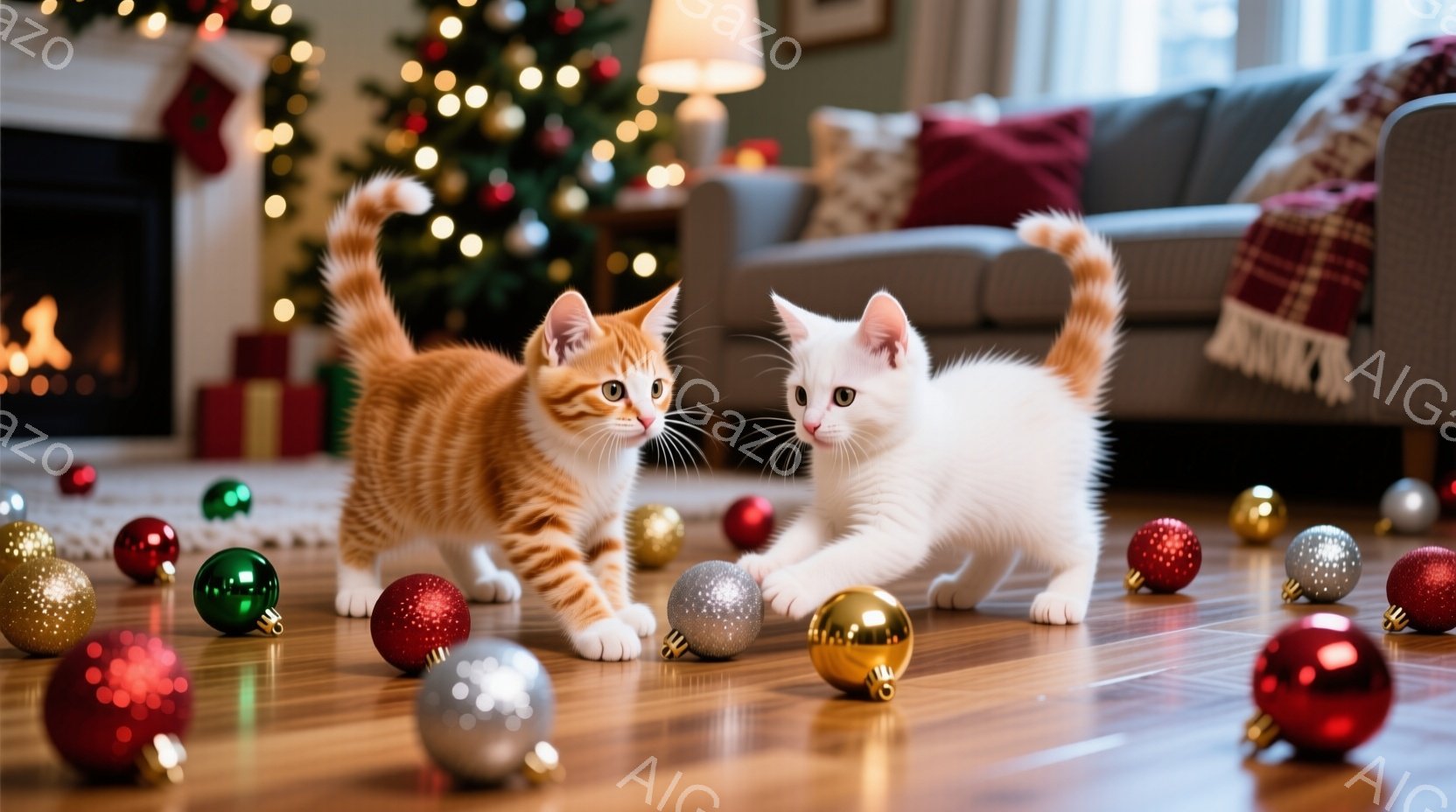床に散らばるクリスマスオーナメントに興味津々な二匹の猫が写っています。一匹はオレンジ色のタビー猫で、もう一匹は白い猫で、どちらも前足を伸ばし、遊び心のある表情でオーナメントを見つめています。背景には、クリスマスツリー、暖炉、ソファが見え、暖かく、お祝いムードにあふれた室内が広がっています。