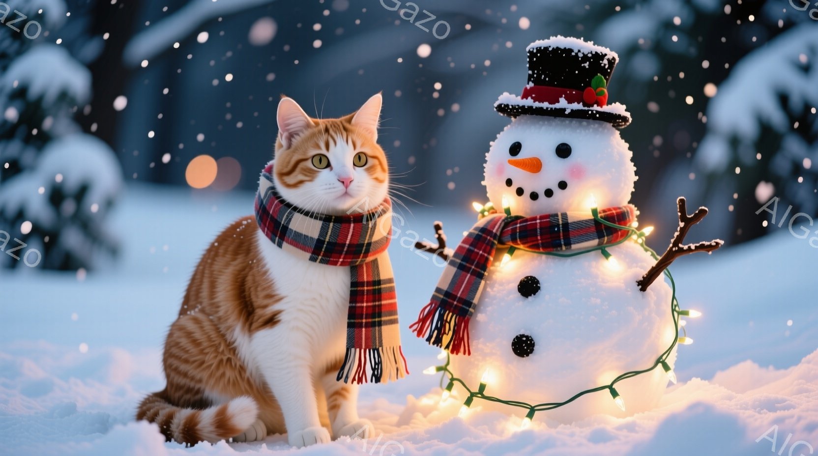 白とオレンジの毛並みの猫が雪の中に座り、首にはチェック柄のマフラーが巻かれています。猫は前方をまっすぐ見つめ、穏やかで落ち着いた表情をしています。背景には雪で覆われた木々と、電飾で飾られた雪だるまがあ - AI生成フリー素材