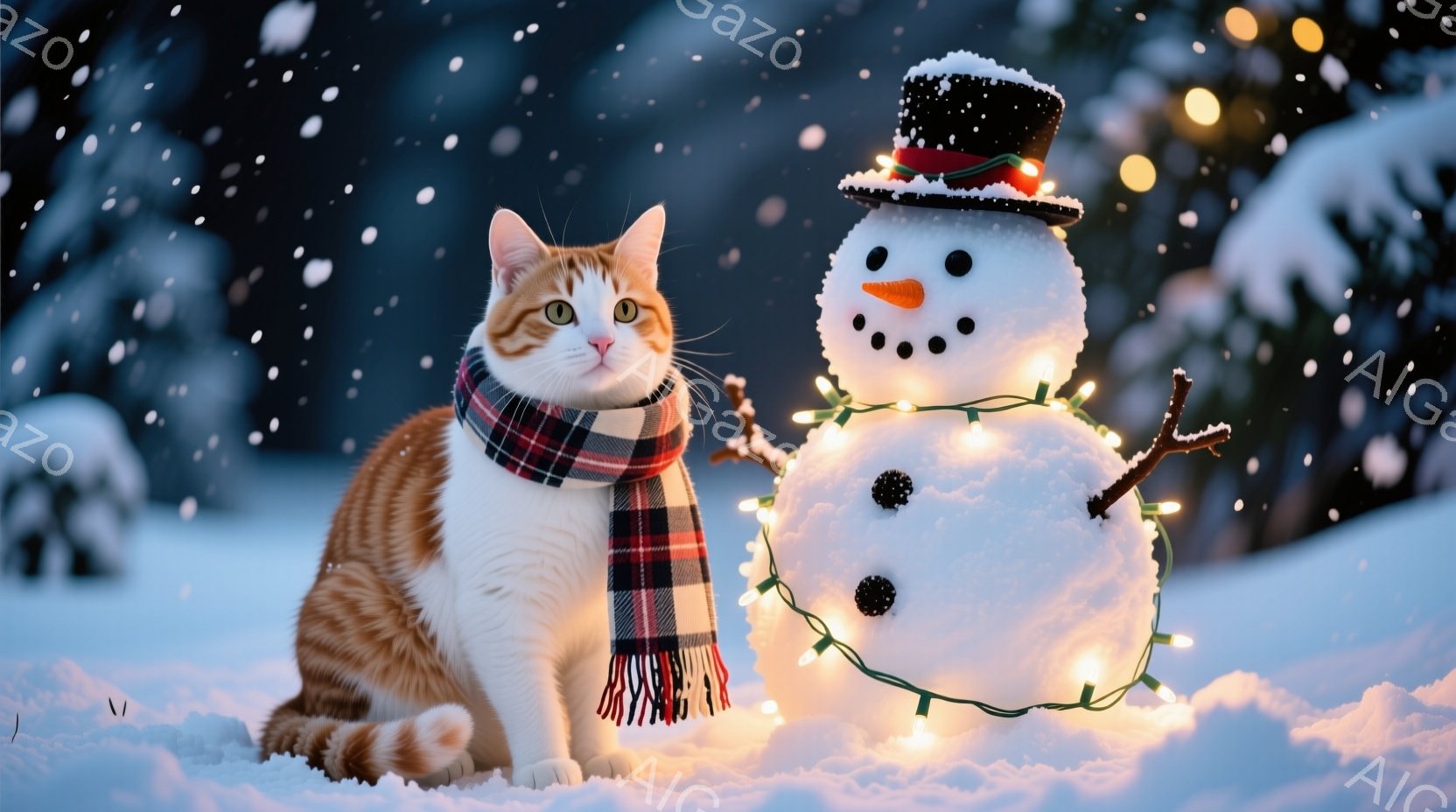 白とオレンジ色の猫が雪の中に座っており、首には赤と黒のチェック柄のスカーフが巻かれています。猫の隣には、雪だるまが立っており、頭にはシルクハット、鼻にはニンジン、そして点灯したイルミネーションライトが - AI生成フリー素材