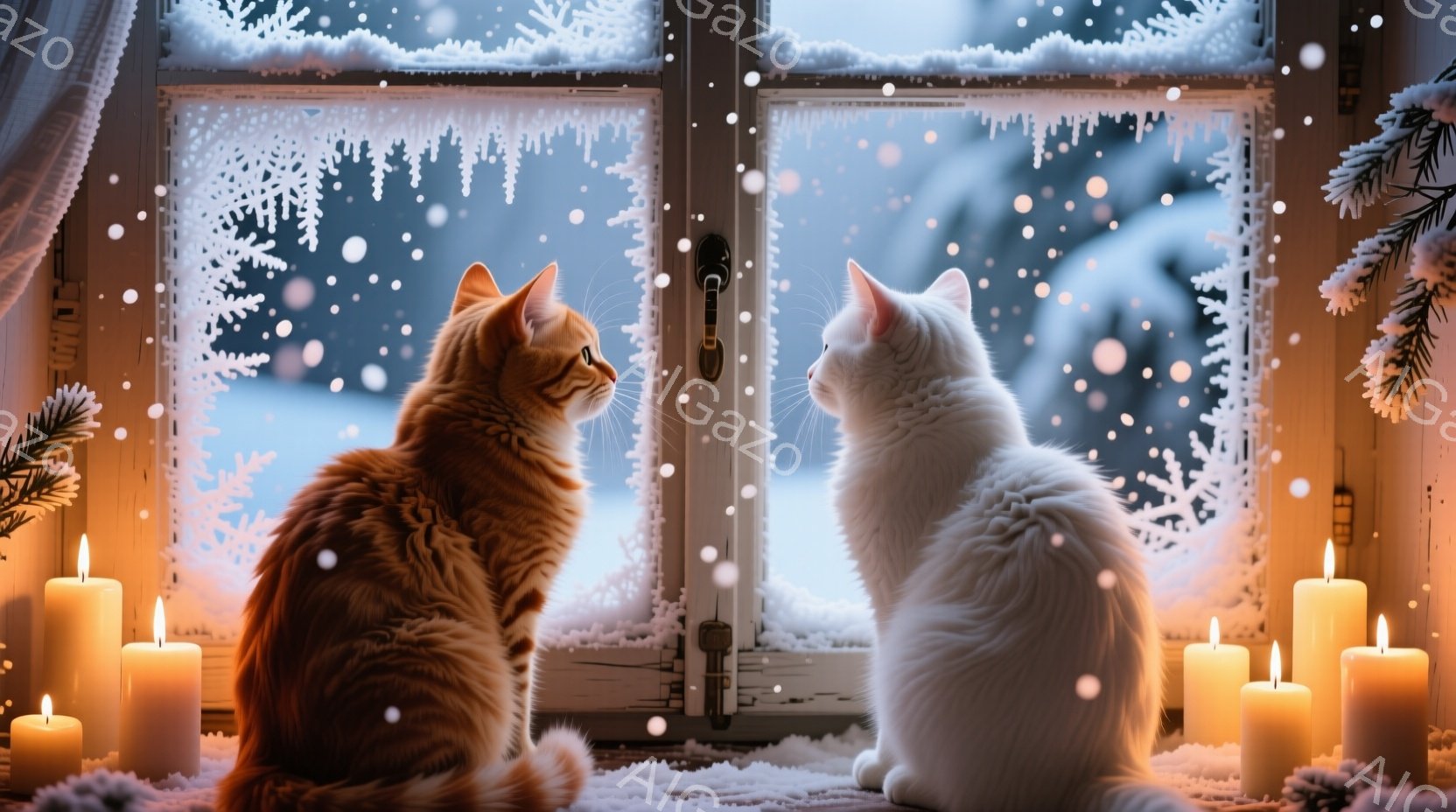暖炉の光が柔らかく照らす中、窓辺に茶色のトラ猫と白い猫が並んで座り、雪景色を眺めている。窓ガラスには霜が降り、外は雪が舞い散る冬の風景が広がっている。キャンドルの灯りが猫たちの姿を照らし、温かく穏やか - AI生成フリー素材