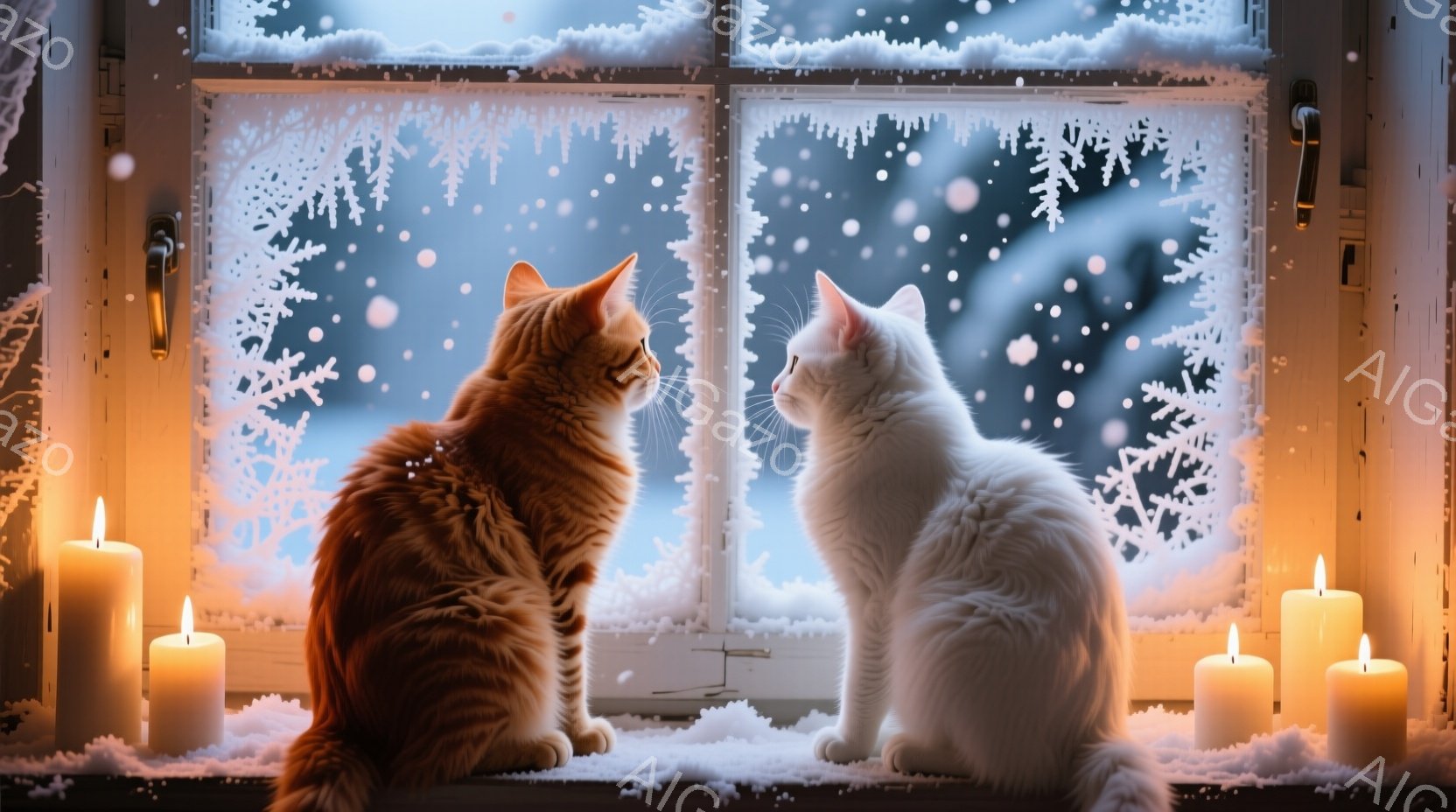 白い窓枠に霜が降り積もり、暖炉のキャンドルが灯る中、オレンジ色の猫と白い猫が互いに向き合って座っている。猫たちは穏やかな表情で、まるで静かに会話をしているかのようだ。背景には雪景色が広がり、温かく穏やかな冬の雰囲気を醸し出している。