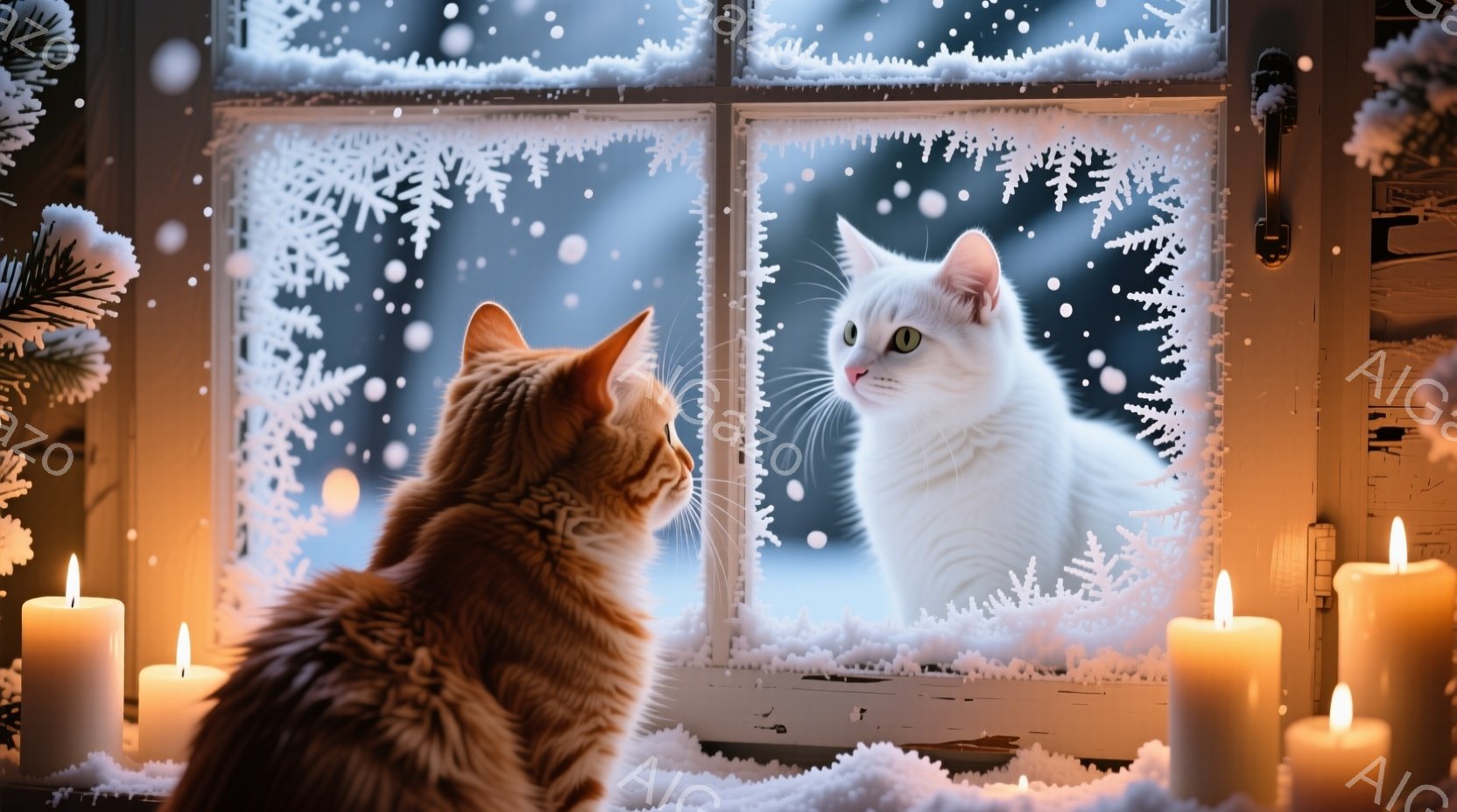 暖炉の横の窓に、茶色の猫と白い猫が向かい合っている様子が描かれている。窓ガラスには雪が積もり、外は雪景色で、周囲には点灯したキャンドルが置かれ、温かく幻想的な雰囲気を醸し出している。猫たちは互いに興味津々で、静かに視線を交わしている。
