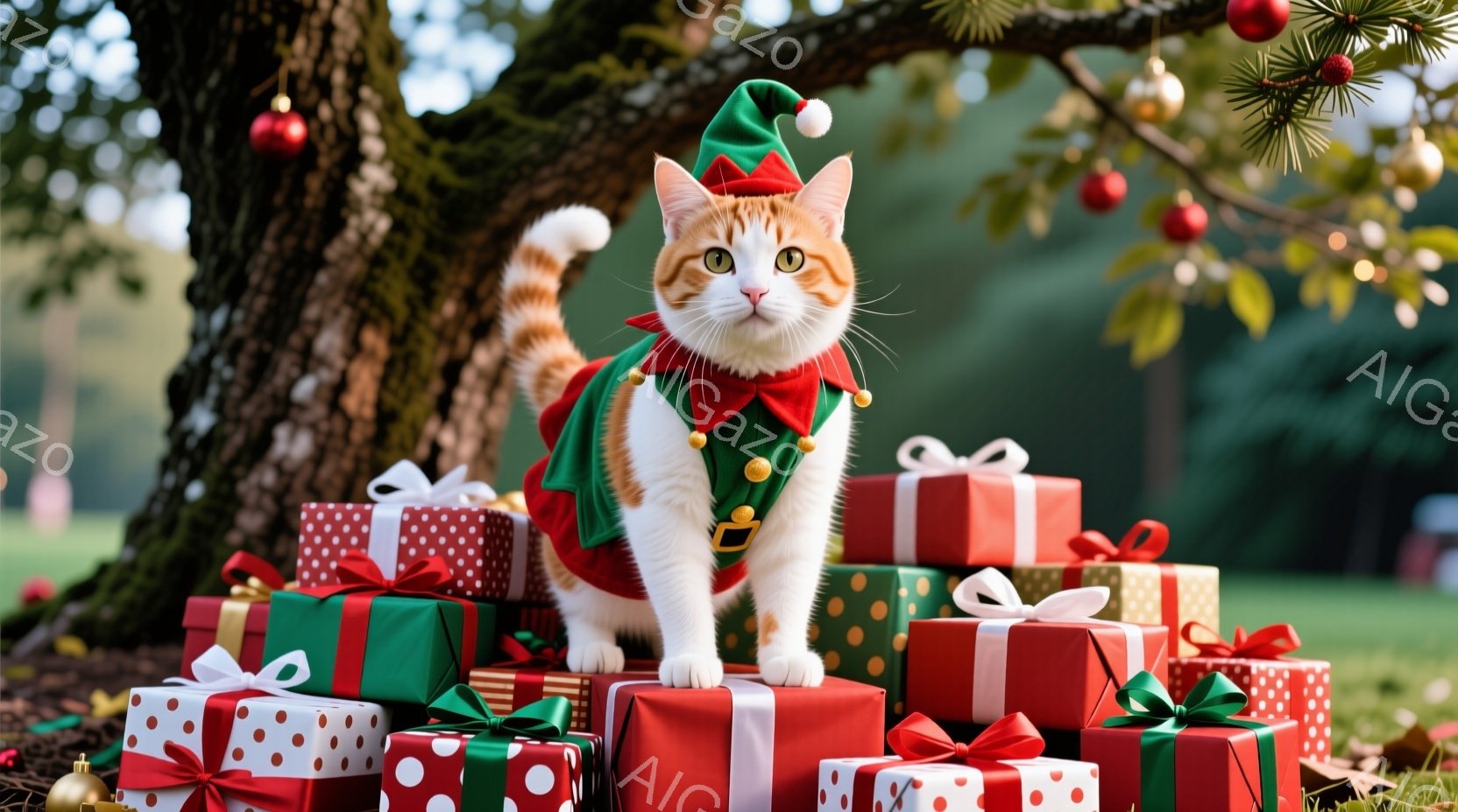 白とオレンジ色の猫が、クリスマスをテーマにしたプレゼントの山の上に立っています。猫は緑と赤のコスチュームを着ており、頭にはサンタ帽が載っています。背景には木があり、プレゼントは芝生の上に置かれ、全体的に暖かくお祝いの雰囲気です。