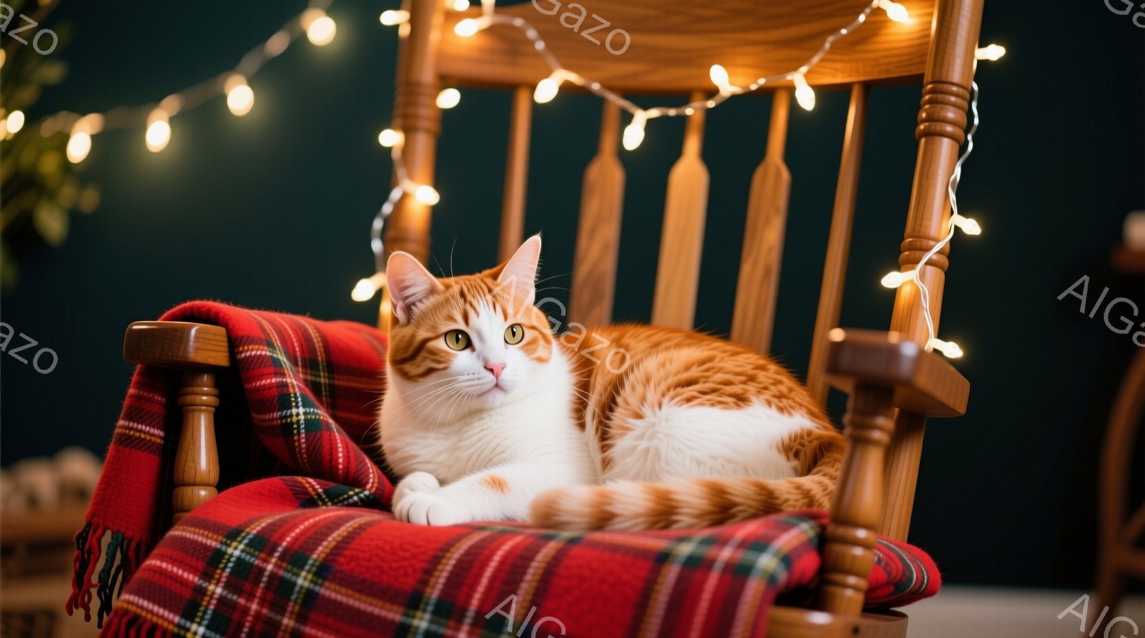 暖炉の椅子にオレンジと白の毛並みの猫がゆったりと座っています。背景は深い緑色で、椅子の背もたれには温かい光を放つクリスマスライトが飾られています。猫はリラックスした表情で、穏やかで心地よい雰囲気を醸し - AI生成フリー素材