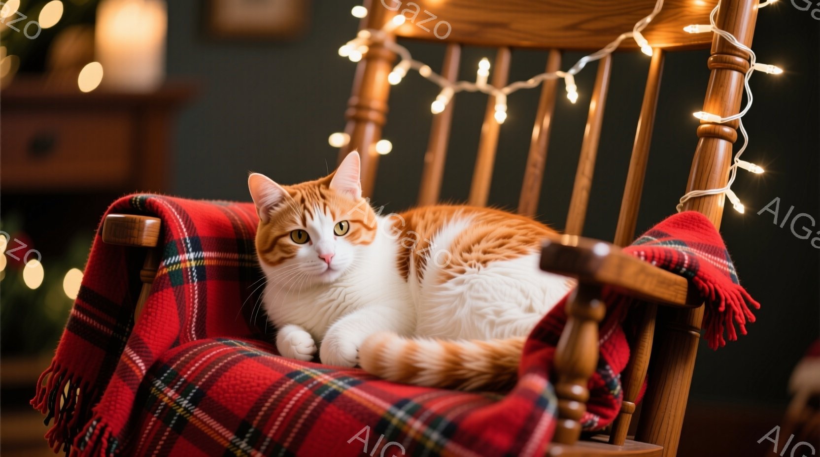 オレンジと白の毛並みの猫が、チェック柄の赤いブランケットが掛けられたロッキングチェアにゆったりと横たわっています。猫はリラックスした表情で、わずかに目を細めています。背景にはぼやけた家具が見え、暖かい - AI生成フリー素材