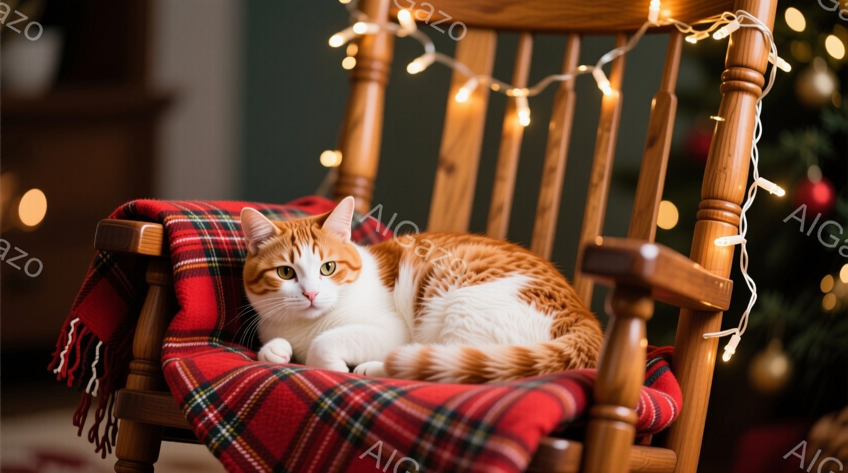 白とオレンジの毛並みを持つ猫が、赤いチェック柄の布の上に座るロッキングチェアに横たわっています。背景にはぼやけたクリスマスツリーと、暖かい光を放つ電飾が見え、リラックスした冬の雰囲気が漂っています。猫 - AI生成フリー素材