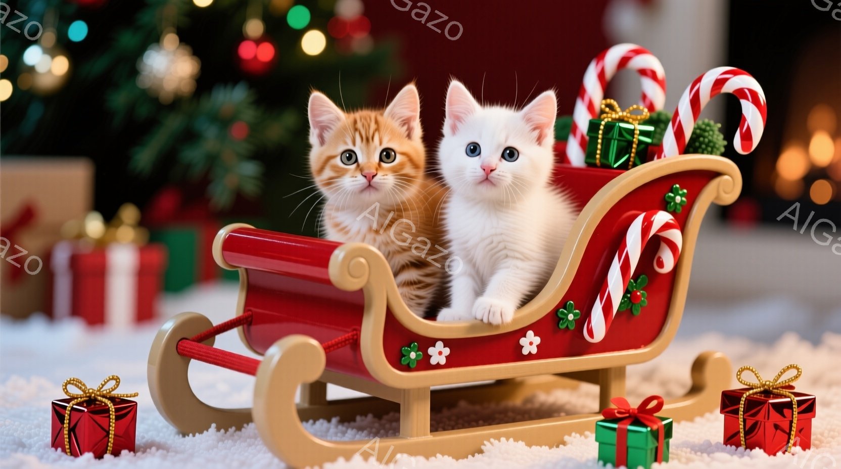 鮮やかな赤いそりに、オレンジ色の毛並みの猫と白い毛並みの猫が寄り添って座っています。そりは白い雪の上に置かれ、背景にはクリスマスツリーやプレゼントの箱がぼんやりと見え、華やかで温かいクリスマスの雰囲気 - AI生成フリー素材