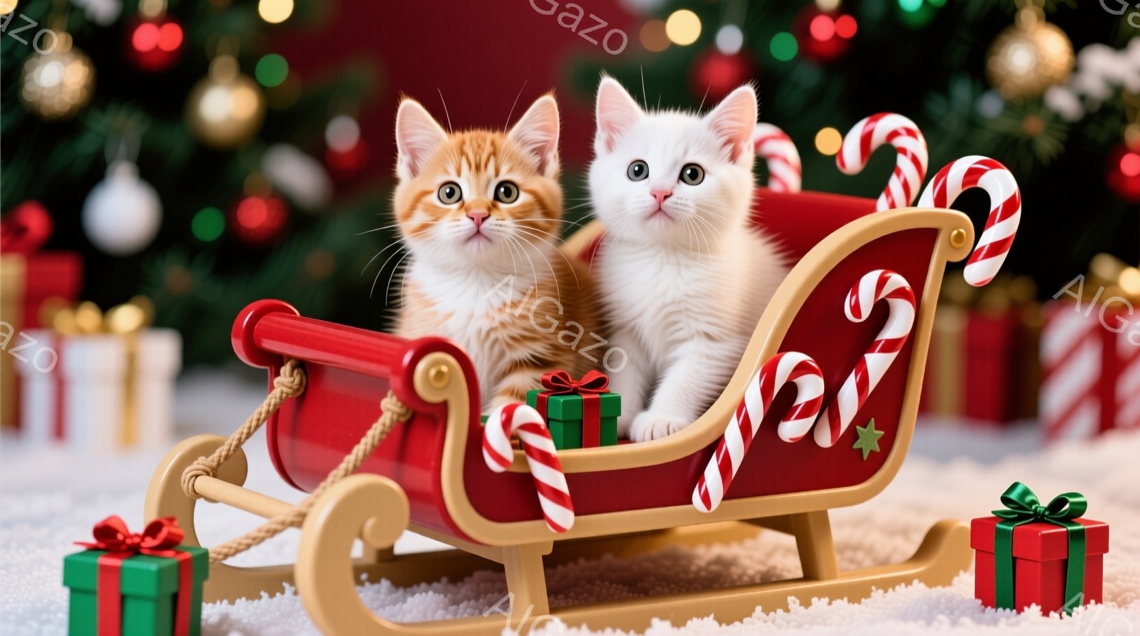 赤毛と白毛の二匹の子猫が、赤いそりに並んで座っています。子猫たちは前を向き、興味津々な表情でこちらを見ており、そりの周りにはキャンディケーンと緑と赤のリボンで飾られたプレゼントボックスが置かれています - AI生成フリー素材