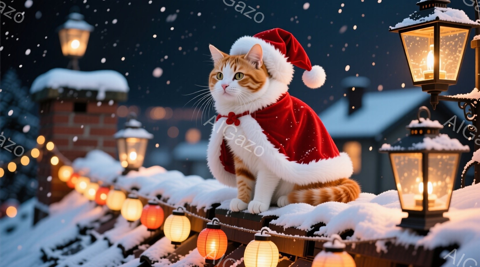 白とオレンジ色の毛並みを持つ猫が、クリスマスのサンタクロースの帽子とマントを着て、雪に覆われた壁の上に座っています。猫は正面を見ており、穏やかで少し好奇心旺盛な表情をしています。背景には雪で覆われた屋 - AI生成フリー素材
