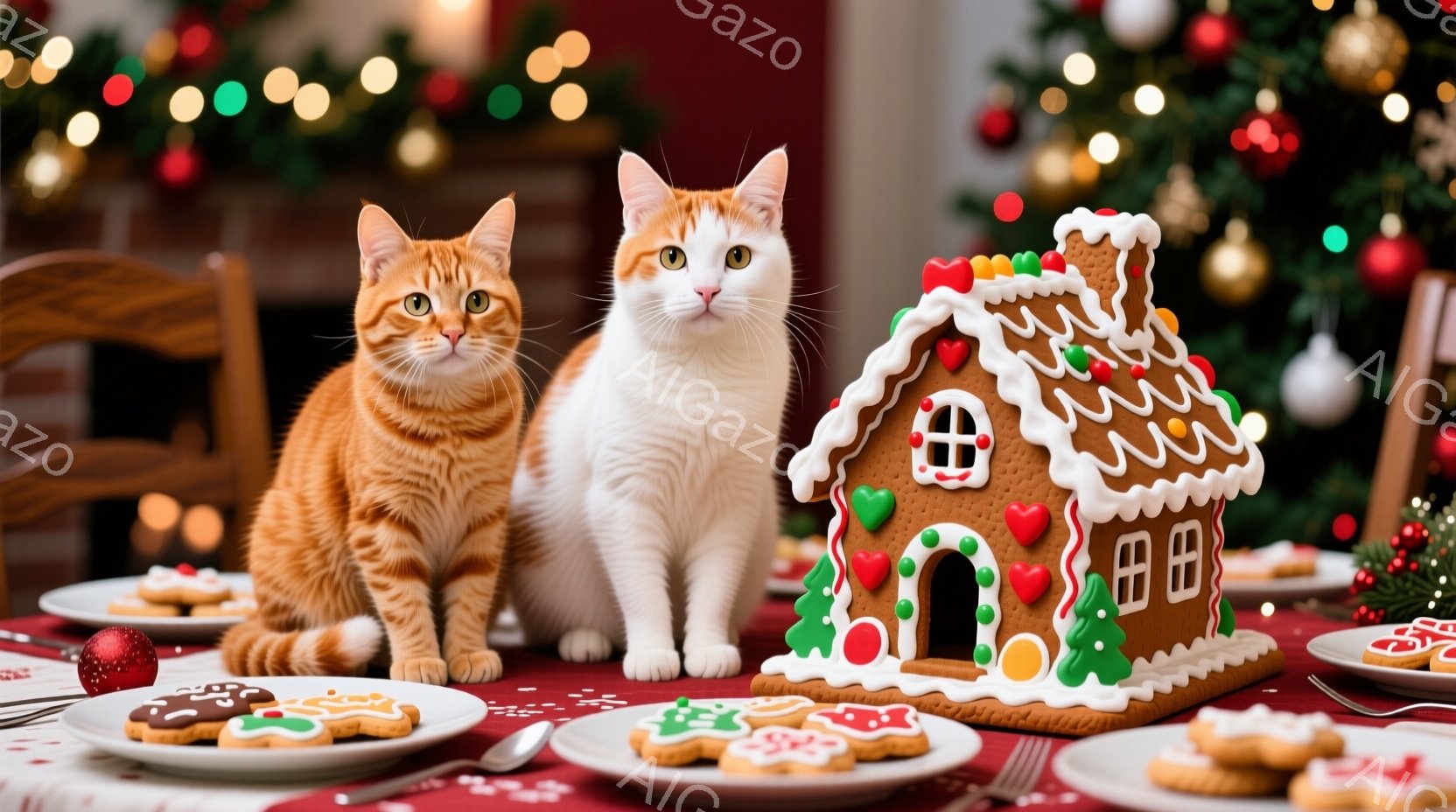 鮮やかなオレンジ色のテーブルクロスの上に、二匹の猫が座っています。一匹はオレンジ色の縞模様で、もう一匹は白とオレンジの模様で、どちらも前を見据えて落ち着いた表情をしています。背景にはクリスマスツリーがぼんやりと見え、テーブルの上にはジンジャーブレッドハウスとクッキーが飾られており、暖かくお祝いムードに満ちた様子が伺えます。