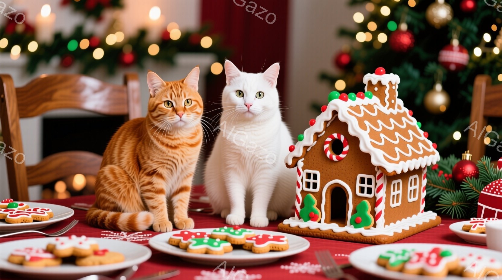 オレンジ色の縞模様の猫と白い猫が、クリスマスをテーマにしたテーブルの前に座っています。テーブルの上には、可愛らしいクッキーや、複雑な装飾が施されたジンジャーブレッドハウスが並べられています。背景には、ぼやけたクリスマスツリーと装飾がみえ、温かく、お祝いの雰囲気が漂っています。