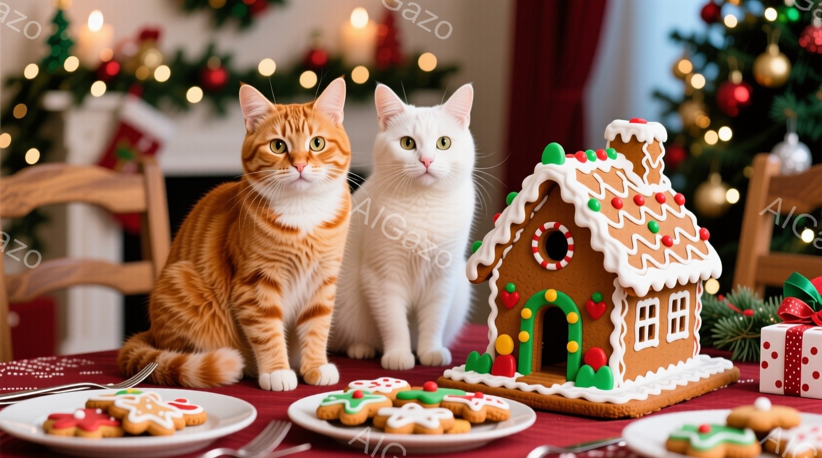 鮮やかなオレンジ色の猫と白い猫が、クリスマスを祝うためにテーブルに座っています。テーブルの上にはジンジャーブレッドハウスと、可愛らしいクリスマスツリーの形をしたクッキーが盛られたお皿が置かれています。 - AI生成フリー素材