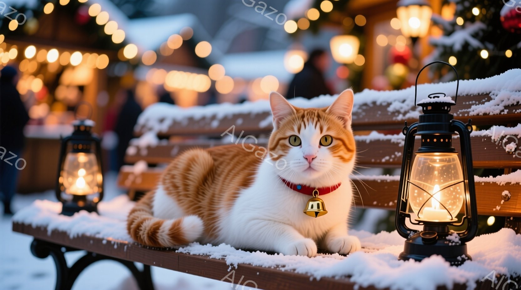 白とオレンジ色のトラ猫が、雪の積もった木製のベンチに横たわっています。赤い首輪には鈴がついており、猫は穏やかで少し眠たげな表情をしています。背景にはぼんやりと光るランタンや、クリスマスの飾り付けがされた建物があり、冬の暖かい雰囲気を醸し出しています。
