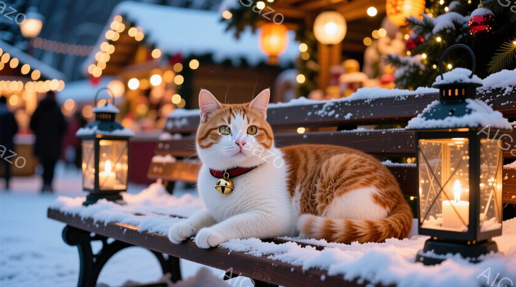 白とオレンジ色の猫が、雪の積もったベンチにゆったりと横たわっています。首輪には小さな鈴が付いており、リラックスした表情でこちらを見ています。背景にはクリスマスの飾り付けが施された建物や、ぼんやりと見え - AI生成フリー素材