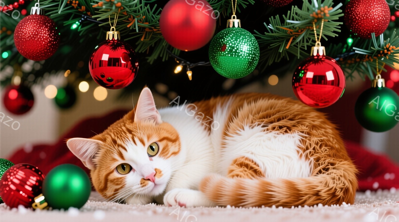 オレンジと白の毛並みを持つ猫が、クリスマスツリーの下で横たわっています。緑と赤のオーナメントが周りに散らばり、猫はリラックスした表情でカメラを見ています。背景にはぼやけたクリスマスツリーと温かい光があ - AI生成フリー素材