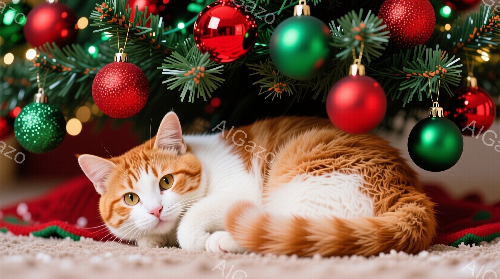 白とオレンジ色の毛並みを持つ猫が、赤い敷物の上で丸まって眠っています。背景には緑豊かなクリスマスツリーが飾られており、赤いオーナメントがいくつかぶら下がっています。全体的に温かく、穏やかなクリスマスの - AI生成フリー素材