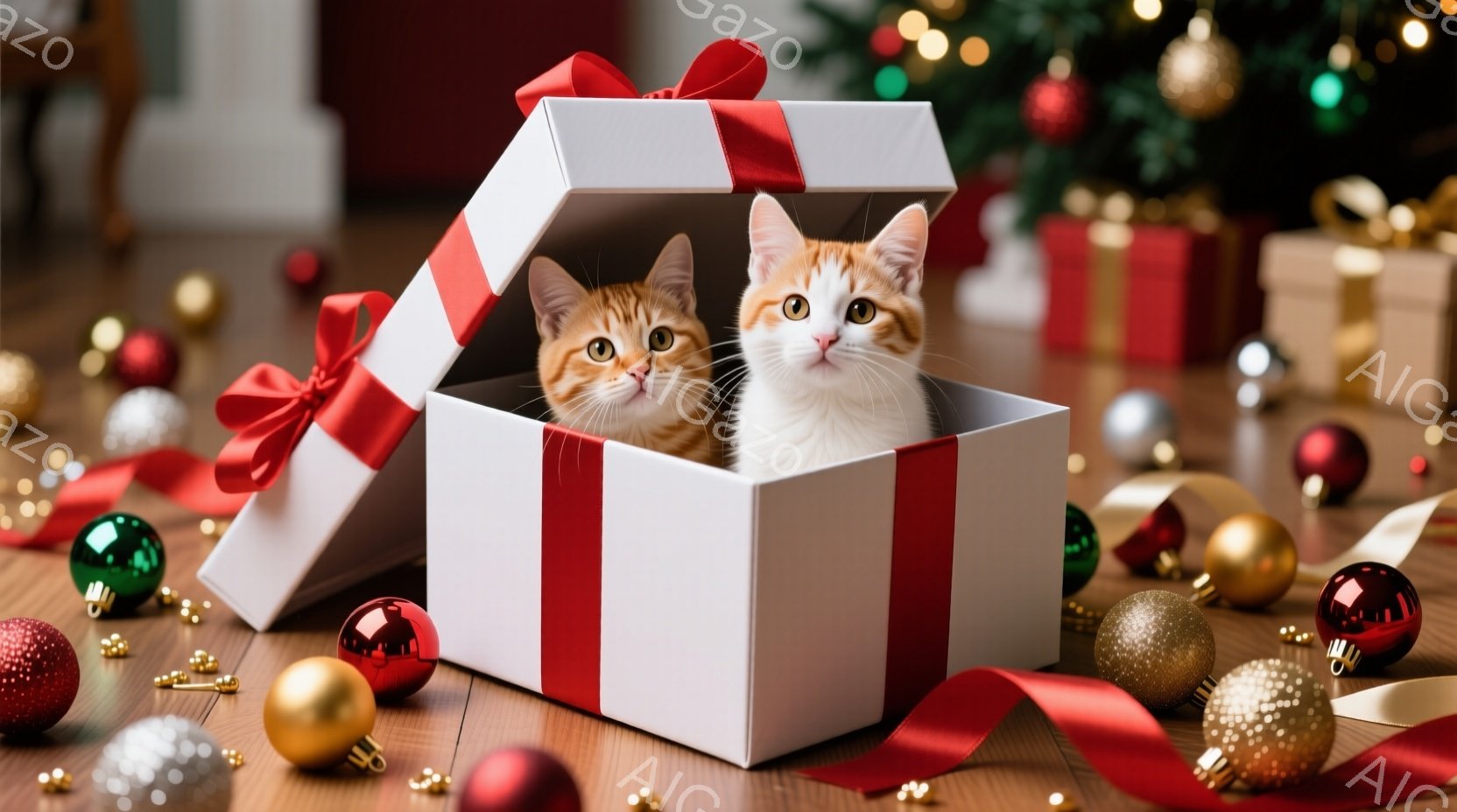 白いギフトボックスに二匹のオレンジと白のキティが顔を覗かせています。キティたちは好奇心と遊び心にあふれた表情で、リボンや他の装飾が散らばる床の上に座っています。背景にはクリスマスツリーが見え、全体的に - AI生成フリー素材