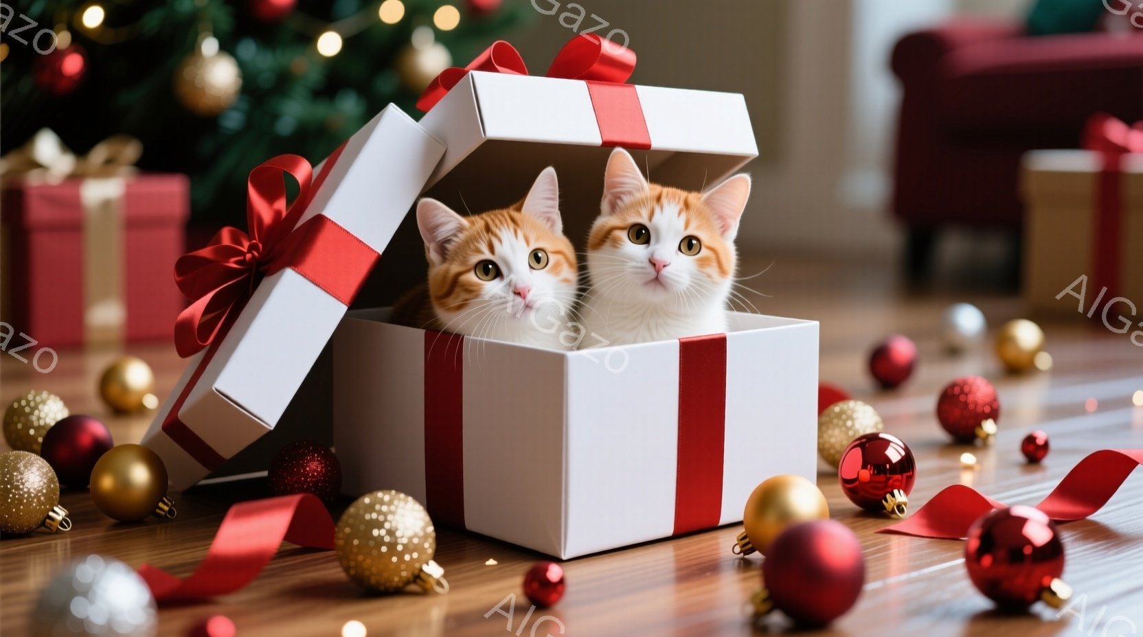 2匹のオレンジと白の縞模様の猫が、赤いリボンで結ばれた白いギフトボックスの中から顔を出しています。猫たちは好奇心と少しの戸惑いを見せる表情で、カメラの方を見ています。背景にはクリスマスのオーナメントやデコレーションが散らばり、木製の床が暖かく、お祝いの雰囲気を醸し出しています。