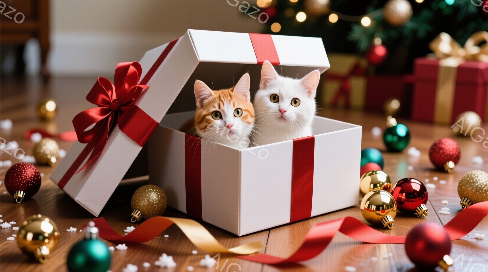 白いギフトボックスの中に、オレンジ色のしま模様の猫と白い猫が顔を覗かせています。背景には、クリスマスツリーや赤い、金色のオーナメントが散りばめられ、床にはキラキラとしたものが敷き詰められています。全体 - AI生成フリー素材