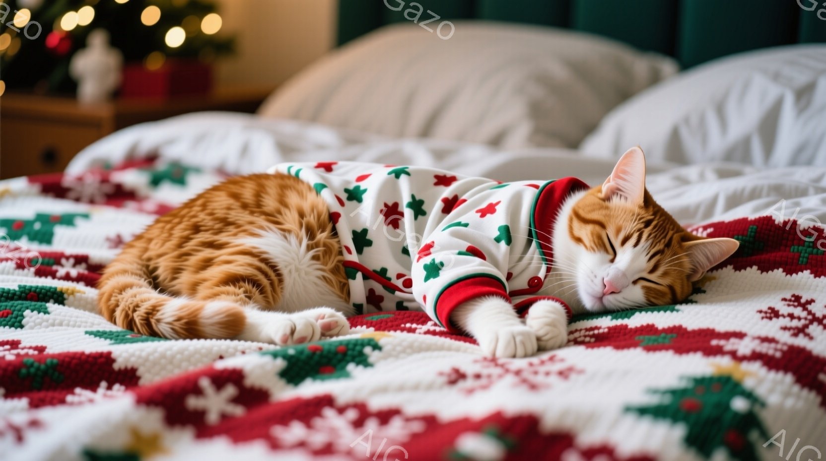 オレンジ色の猫が、クリスマス柄のセーターを着てベッドの上で横たわっています。猫は目を閉じ、リラックスした表情で、前足を体の下に丸めて眠っているようです。背景には、ぼやけたクリスマスツリーが見え、暖かく - AI生成フリー素材