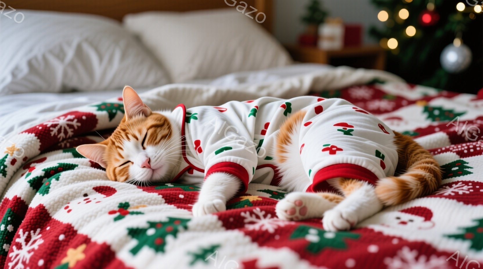 オレンジ色の猫が、クリスマス柄の白い服を着てベッドの上で横たわっています。猫は目を閉じてリラックスした表情で、手足を伸ばしてうつ伏せになっています。背景には、赤いクリスマス柄のベッドシーツと、ぼやけた - AI生成フリー素材