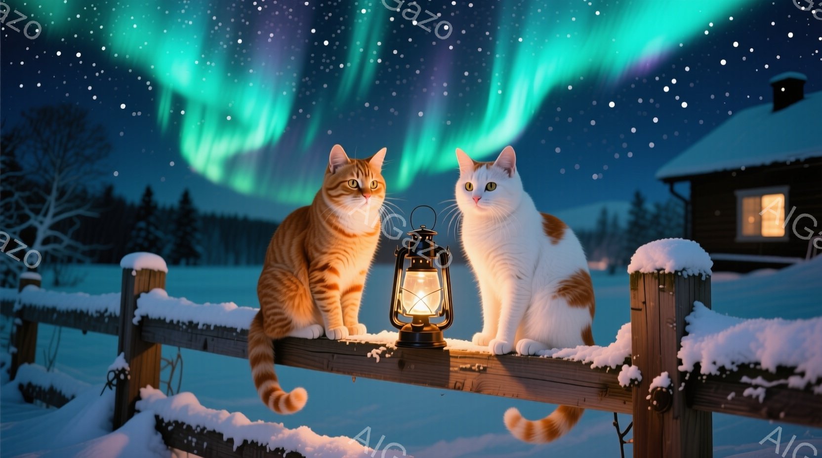 雪に覆われた柵の上には、一匹の茶トラ猫と白猫が並んで座っています。猫たちは落ち着いた表情で正面を見つめており、その間には温かい光を放つ古いランタンが置かれています。背景には雪景色が広がり、遠くには小さな木造の家が見え、オーロラが夜空を幻想的に彩っています。