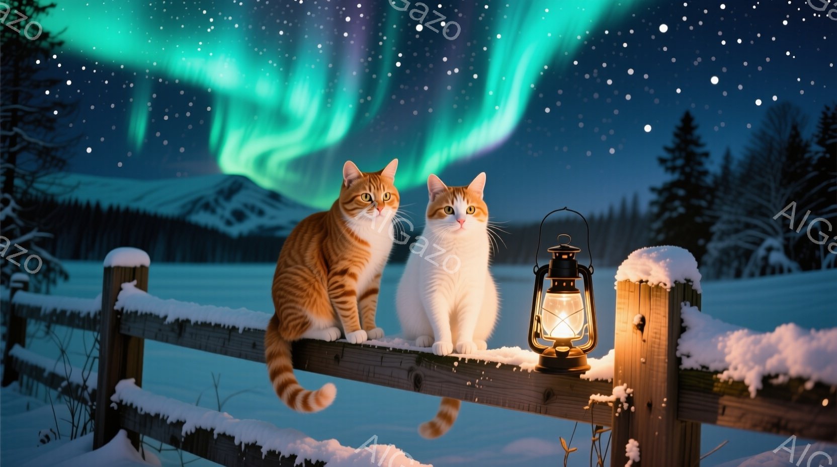 雪に覆われたフェンスの上に、茶色い縞模様の猫と白い猫が並んで座っています。背後には暗い森が広がり、夜空にはオーロラが幻想的に輝いています。暖色のランタンがフェンスに取り付けられ、雪景色に温かみを添えて - AI生成フリー素材