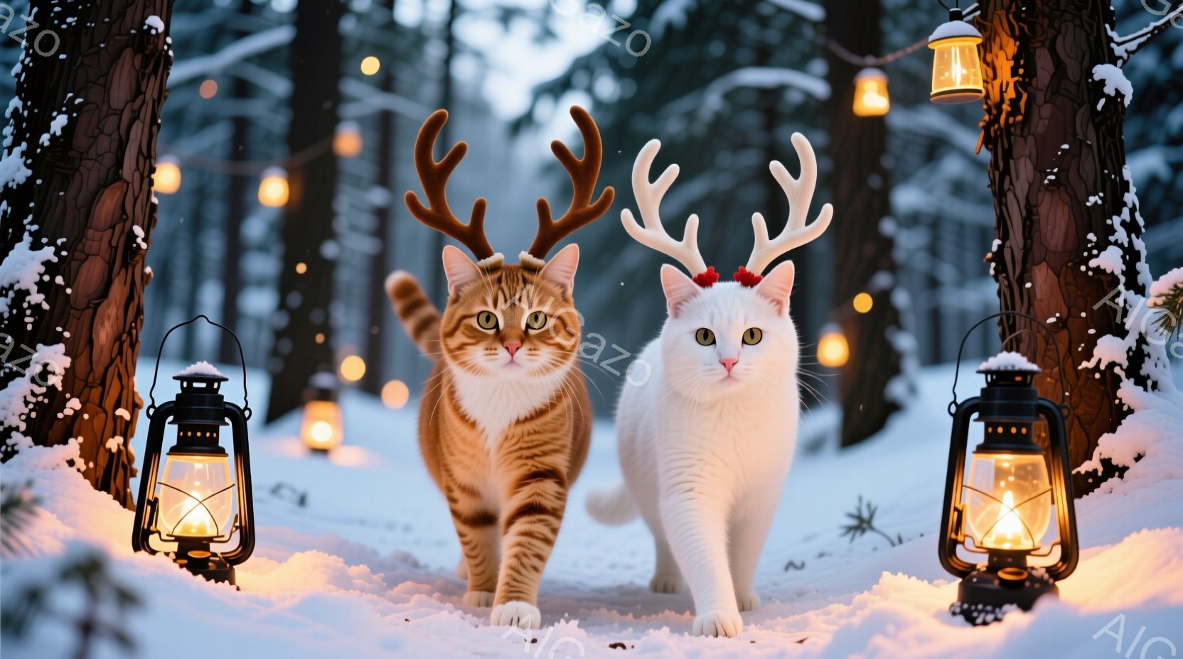 雪景色の中、2匹の猫がこちらに向かって歩いてくる様子が描かれている。茶色の猫と白い猫はそれぞれトナカイの角を付けており、まるでクリスマスの妖精のようだ。背景には雪に覆われた木々と、温かい光を放つランタ - AI生成フリー素材