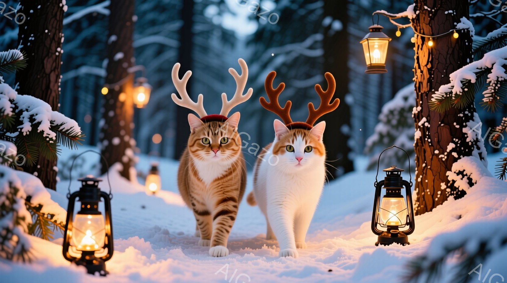 白い毛並みの猫と茶トラの猫が、それぞれ小さな角のような飾りを頭に付けて雪の中を歩いている。背景には雪に覆われた木々と、灯りを灯したランタンが並び、冬の夜の幻想的な雰囲気を醸し出している。全体的に温かく、可愛らしい、おとぎ話のような印象を与える写真である。