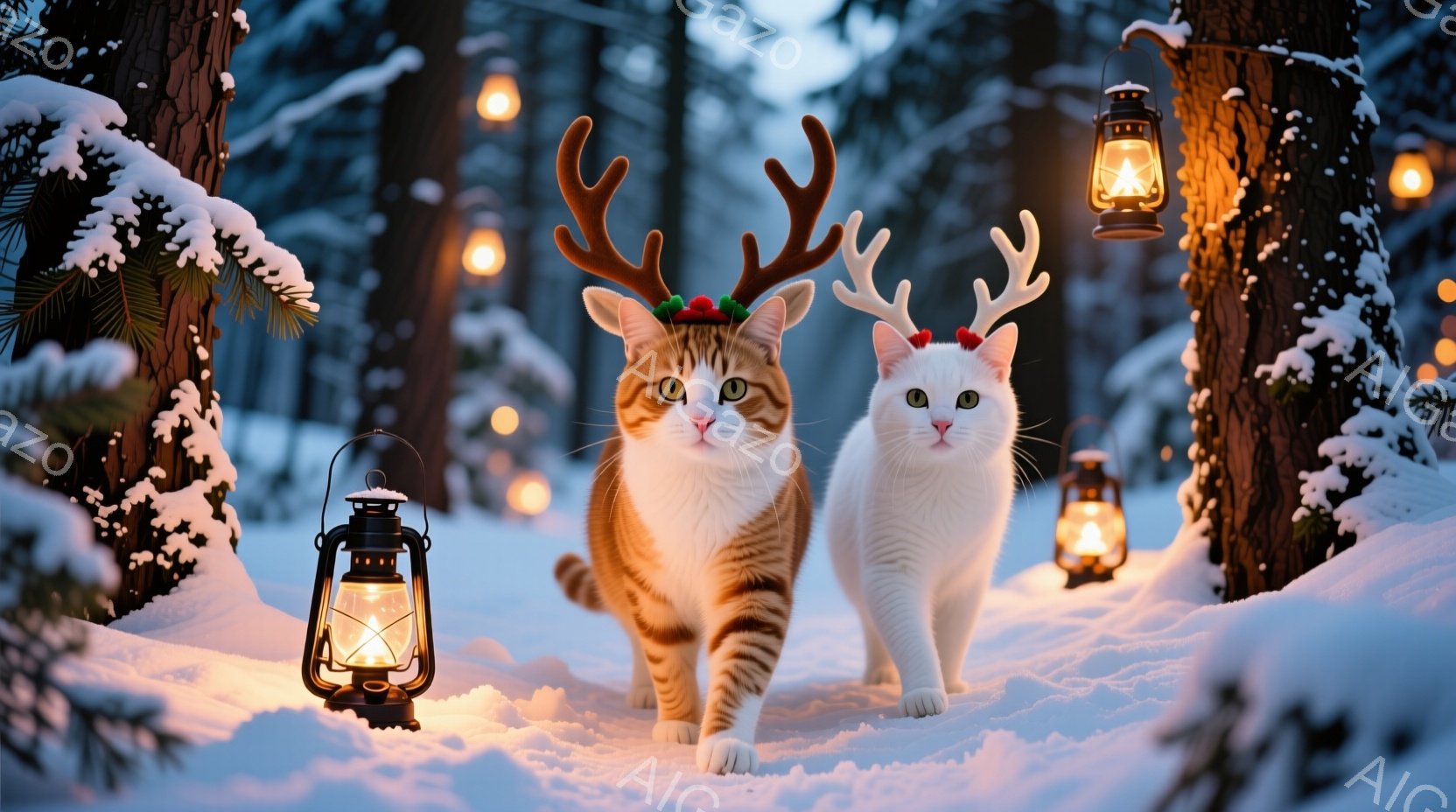 白と茶色の猫が、それぞれトナカイの角を身につけて雪の中を歩いています。背景には雪に覆われた木々と、暖かく光るランタンが並び、幻想的な冬の雰囲気を醸し出しています。猫たちは前方をまっすぐ見つめ、静かで穏 - AI生成フリー素材