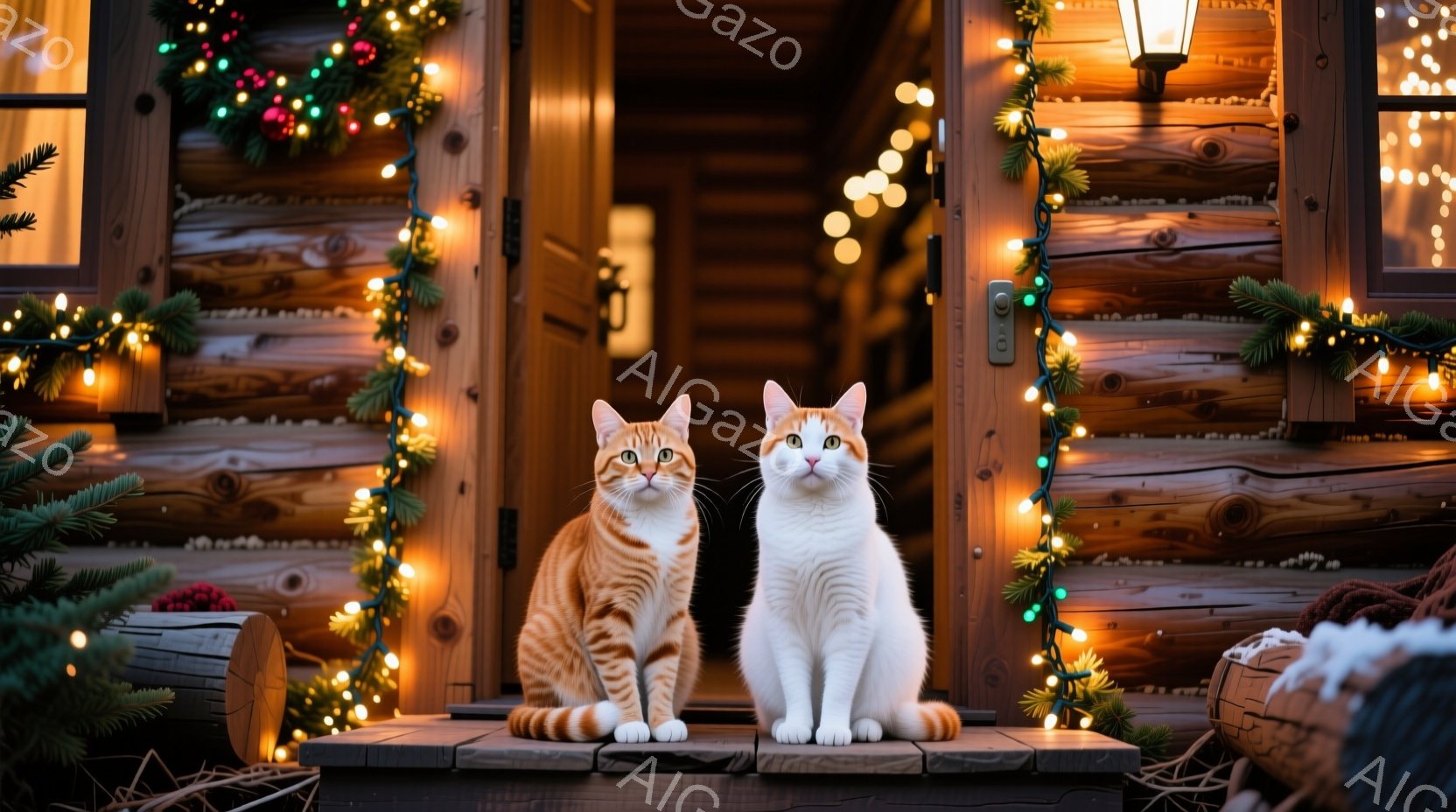 暖炉のそばにある木製の家のステップに、毛並みの美しい2匹の猫が座っています。片方の猫はジンジャーで、もう片方の猫は白とジンジャーで、どちらも前を見据えて落ち着いた表情をしています。背景には、クリスマスツリーや光の飾りで飾られた家があり、暖かい雰囲気の中で冬の休日を祝う様子がうかがえます。