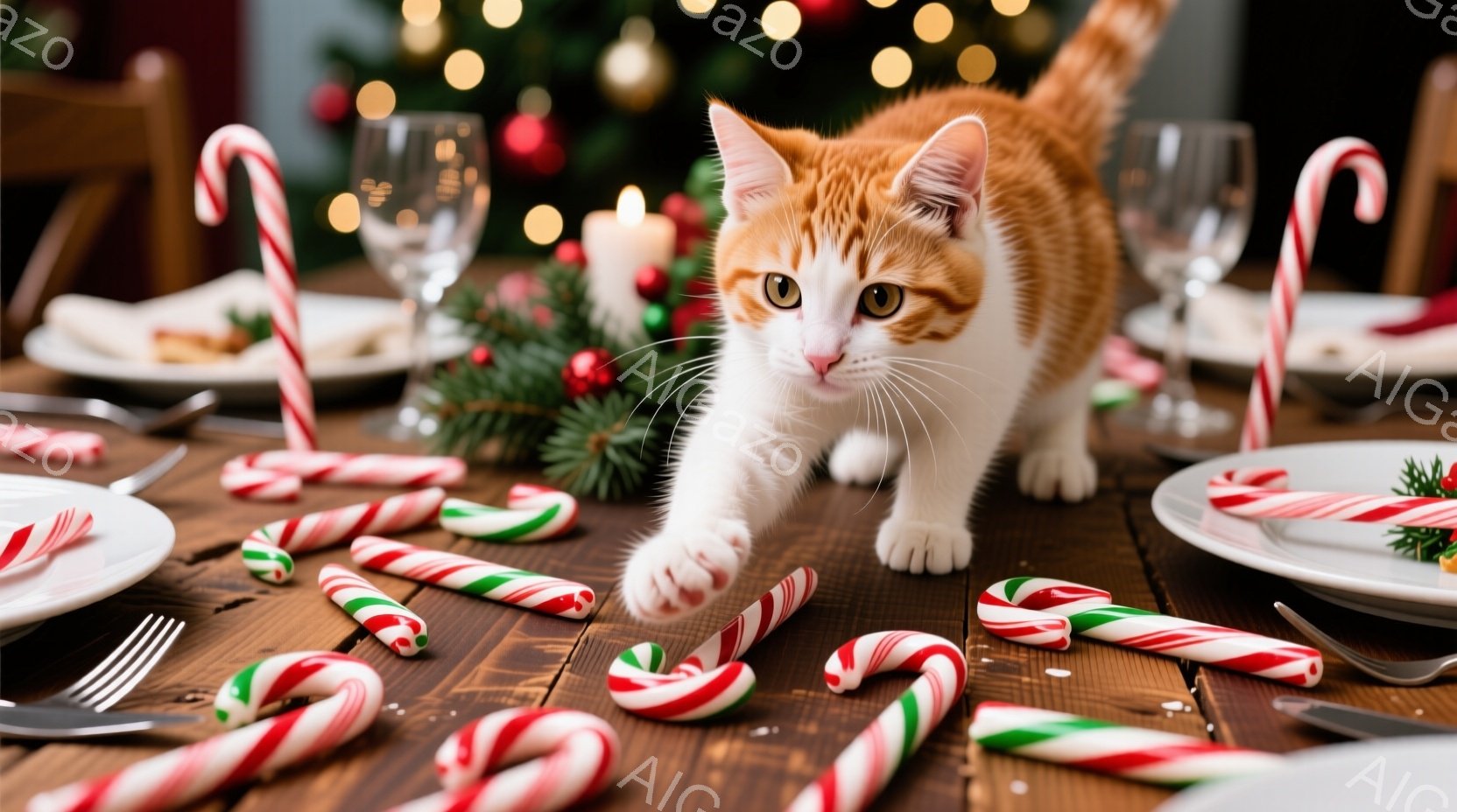 暖炉の明かりが灯る木製のテーブルの上で、オレンジと白の毛並みの猫が、散らばったペパーミントキャンディの間を歩いている。猫は少し鋭い表情でカメラを見つめ、片足を前に出して歩む姿は遊び心といたずらっぽさを感じさせる。背景にはクリスマスツリーのぼんやりとした光が差し込み、温かく、楽しい祝祭の雰囲気を醸し出している。