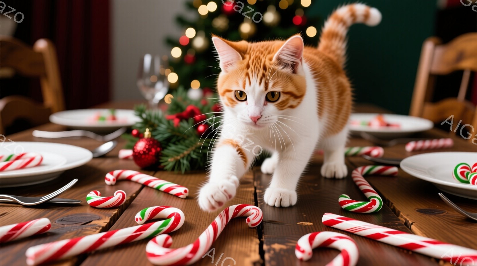 暖炉のそばのテーブルの上を、白とオレンジ色の猫が歩いています。テーブルにはキャンディケーンが散らばっており、背景にはクリスマスツリーがぼやけて見え、お祝いの雰囲気を醸し出しています。猫は前足を伸ばし、 - AI生成フリー素材