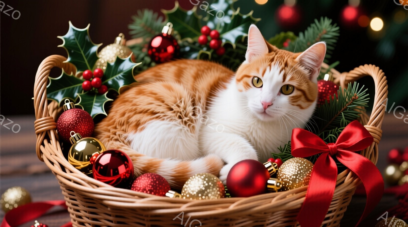鮮やかなオレンジ色の毛並みを持つ猫が、クリスマスオーナメントで飾られたバスケットの中に横たわっています。猫は穏やかな表情でカメラを見つめ、リラックスした姿勢を見せています。背景にはぼやけたクリスマスツ - AI生成フリー素材