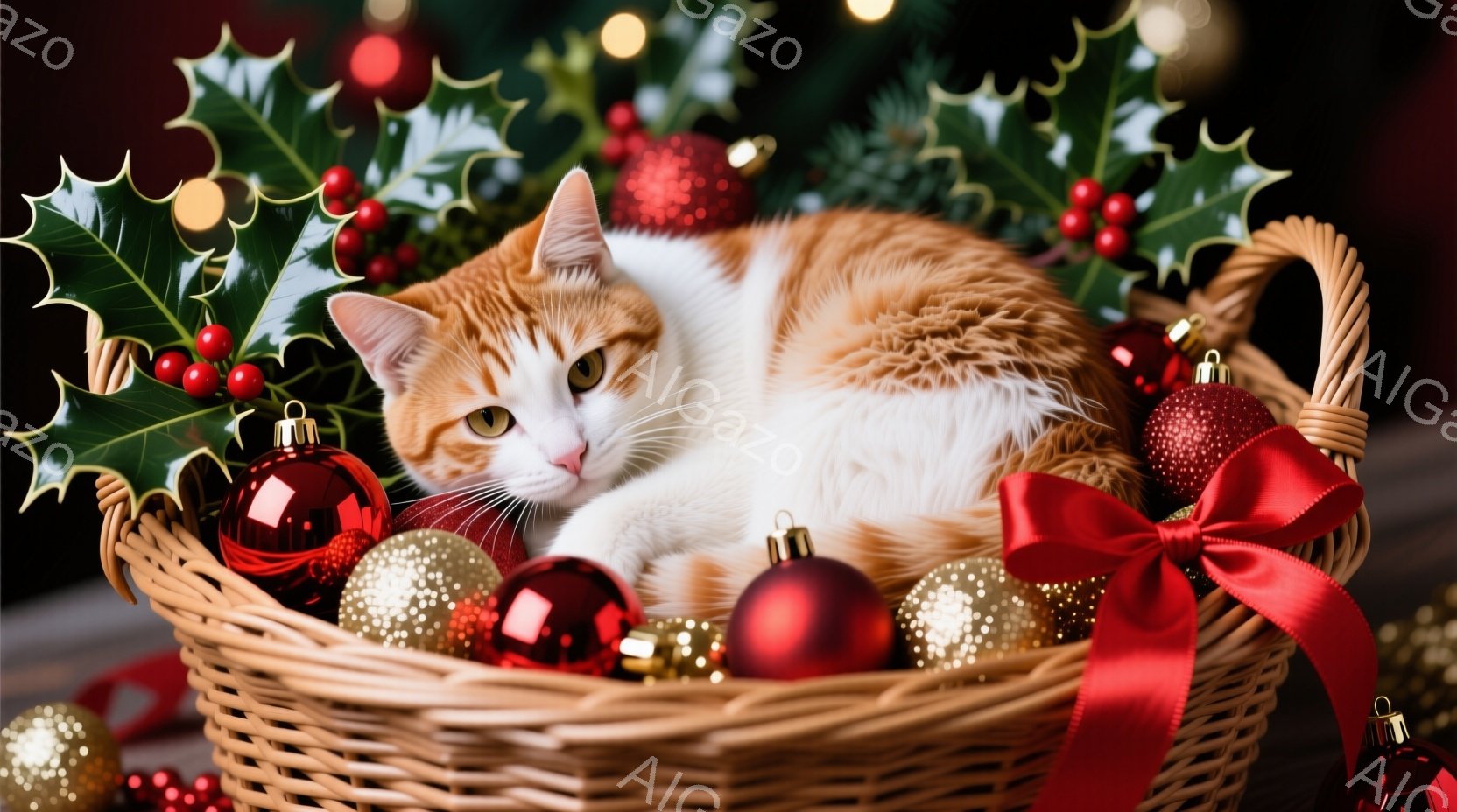 籠の中に白い胸元とオレンジ色の毛並みを持つ猫が横たわっており、リラックスした表情でこちらを見ている。籠の中には赤いリボンと金色のオーナメントが散りばめられており、背景には緑の葉とぼやけたクリスマスツリーの光がぼんやりと見える。全体的に、温かく、お祝いの雰囲気があり、クリスマスの季節を連想させる。