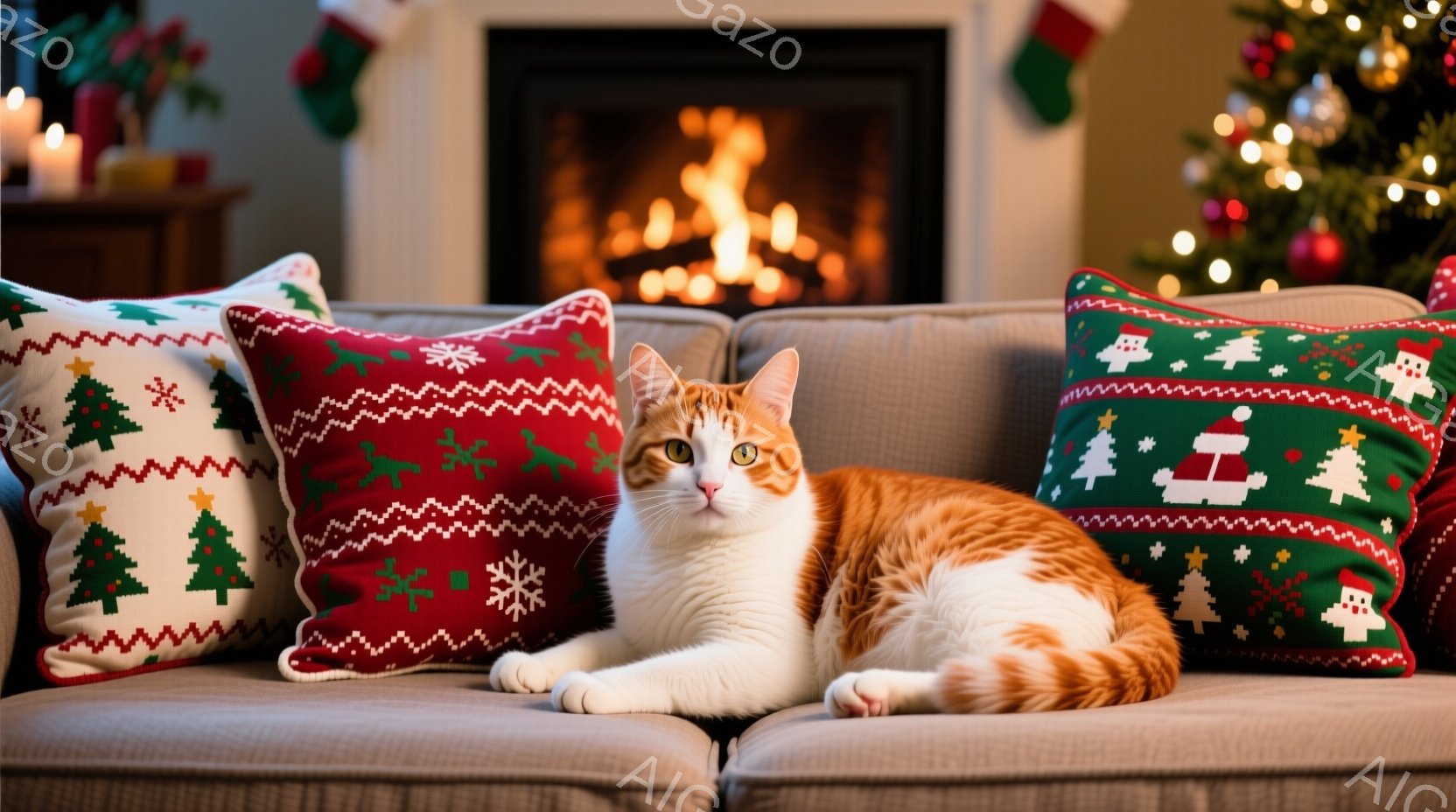 白とオレンジ色の猫が、クリスマス柄のクッションに囲まれた灰色のソファーで横たわっています。背景には暖炉の火が燃え、クリスマスツリーが飾られているのが見えます。温かく、穏やかで、お祝いの雰囲気が漂ってい - AI生成フリー素材