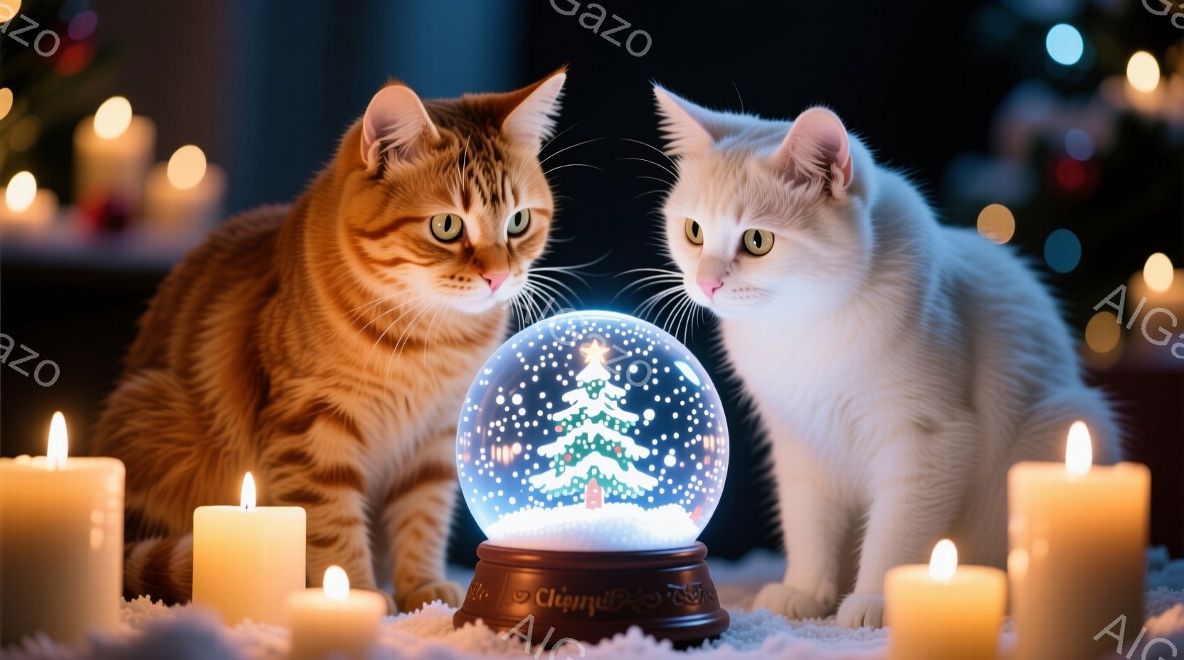 鮮やかなオレンジ色のタビー猫と白い猫が、雪が降るクリスマスの飾り入りのスノーグローブを興味深く見つめている。猫たちはふわふわの白いラグの上に座っており、周囲には点灯したキャンドルが暖かく照らしている。背景は暗く、ぼやけた光の玉が散りばめられており、温かく幻想的な冬の雰囲気を醸し出している。