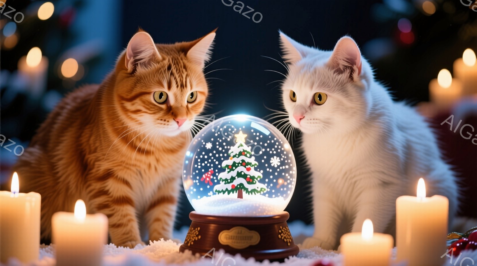2匹の猫が雪の結晶が入ったグラスオーナメントの周りに座っています。1匹はオレンジ色のタビーで、もう1匹は白い長毛です。背景にはぼやけたクリスマスツリーのライトと、点灯したキャンドルが散りばめられた雪の風景が広がっており、暖かく幻想的な雰囲気を醸し出しています。