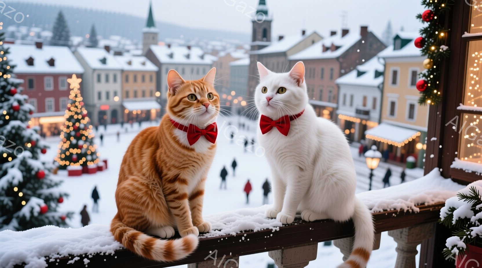 暖炉の装飾が施された柵の上に、オレンジ色のタビー猫と白い猫が並んで座っており、それぞれ赤い蝶ネクタイを付けている。背景には、雪景色の中にライトアップされた建物が並ぶ冬の街並みが広がり、クリスマスの雰囲気が漂っている。猫たちは正面を見据え、穏やかでリラックスした表情をしている。