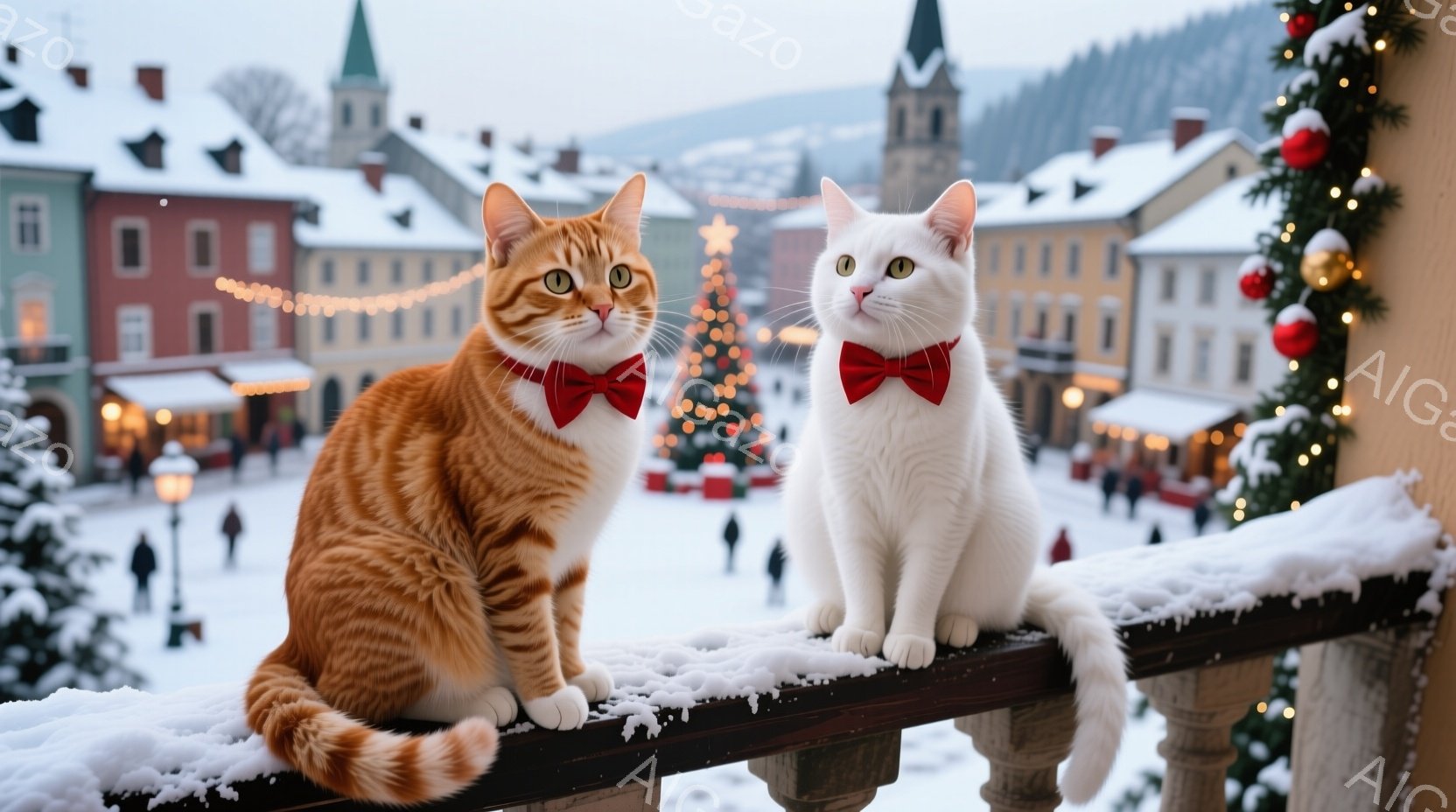 雪に覆われた柵の上に、オレンジと白の猫が並んで座っています。猫たちは赤い蝶ネクタイを着用し、カメラに向かって穏やかな表情を浮かべています。背景には、クリスマスツリーやカラフルな建物が並び、雪景色の中で - AI生成フリー素材