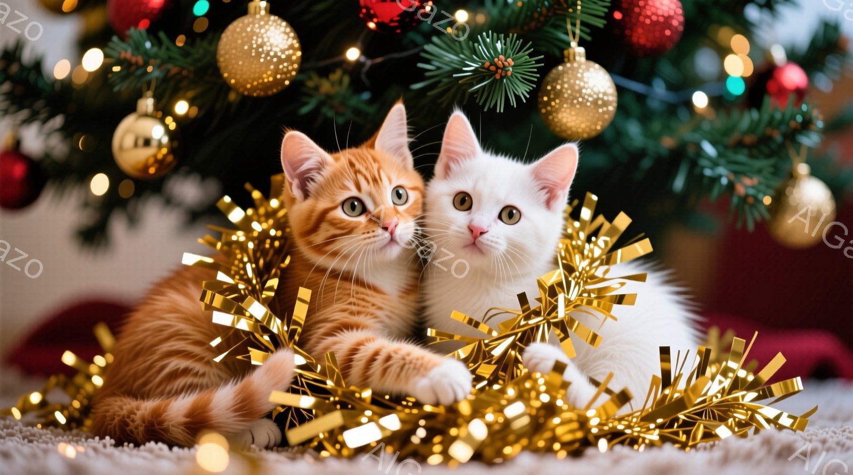 オレンジ色の縞模様の猫と白い猫が、金色のラメの飾りの中で寄り添って座っています。猫たちは前足を伸ばし、カメラ目線でリラックスした表情をしています。背景には、装飾されたクリスマスツリーがぼんやりと見え、暖かくお祝いの雰囲気が漂っています。
