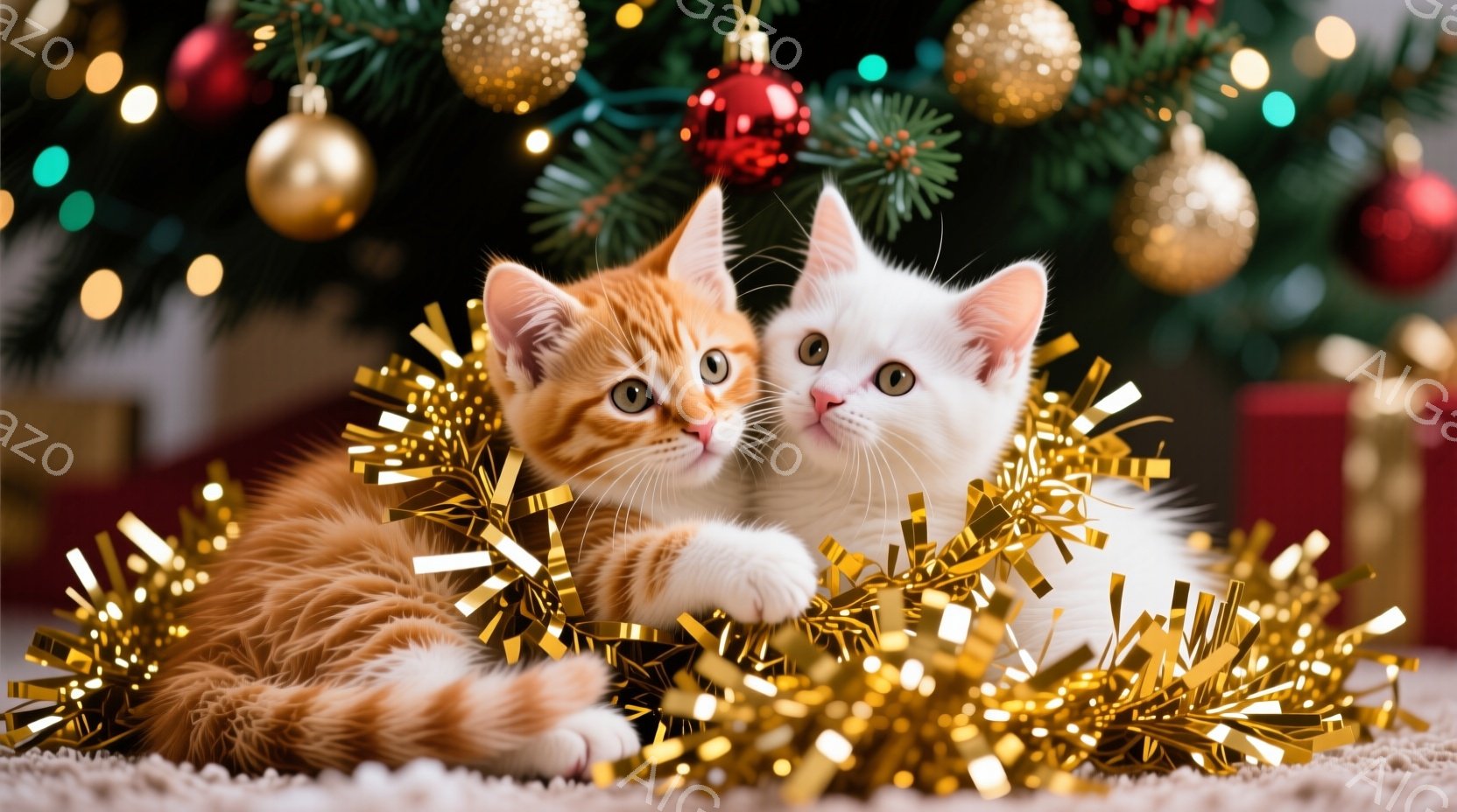 鮮やかなオレンジ色の毛並みの子猫と、白い毛並みの子猫が、キラキラと輝く金色のモールの中で寄り添って横たわっています。二匹とも大きな瞳でカメラを見つめ、好奇心と遊び心に満ちた表情を浮かべています。背景には、装飾されたクリスマスツリーがぼんやりと見え、暖かい祝祭の雰囲気を醸し出しています。