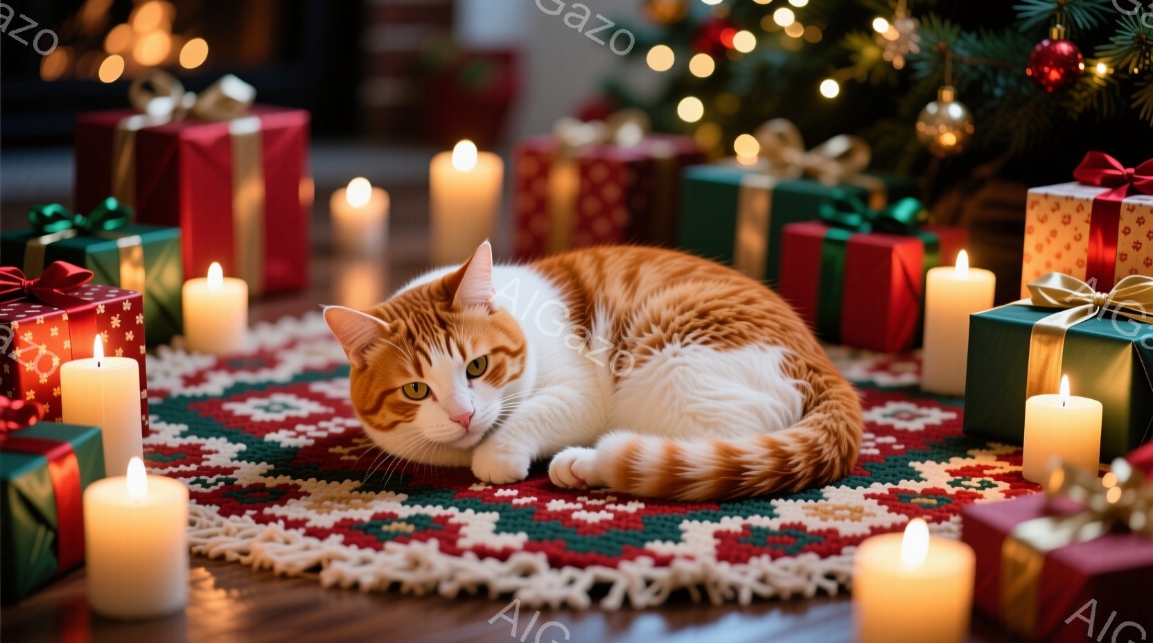 オレンジと白の毛並みを持つ猫が、赤い模様が入った絨毯の上で丸まって横たわっています。周りにはラッピングされたプレゼントと、灯りの温かい光を放つキャンドルが置かれ、クリスマスの雰囲気を醸し出しています。猫はリラックスした表情で、穏やかで温かい空気が漂っています。