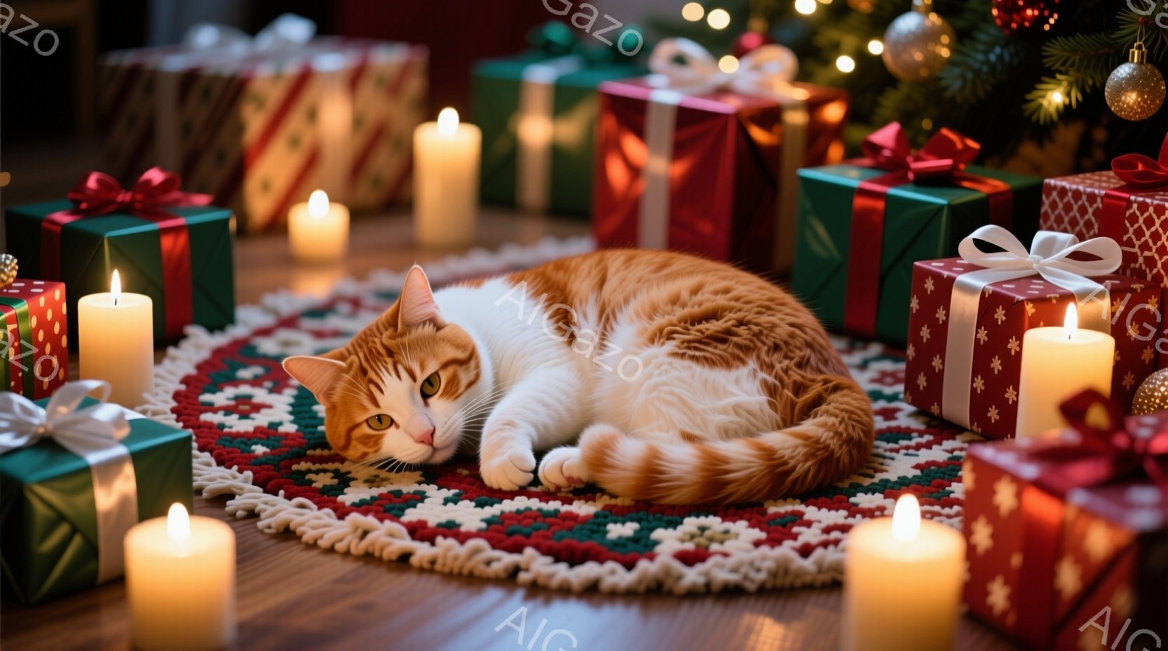 オレンジ色の毛並みの猫が、赤い敷物の上に丸まって横たわっています。猫の周りには、リボンで飾られたプレゼントと、灯りの灯るキャンドルが置かれ、クリスマスの雰囲気を感じさせます。木製の床と背景に見えるクリスマスツリーが暖かく、落ち着いたムードを醸し出しています。