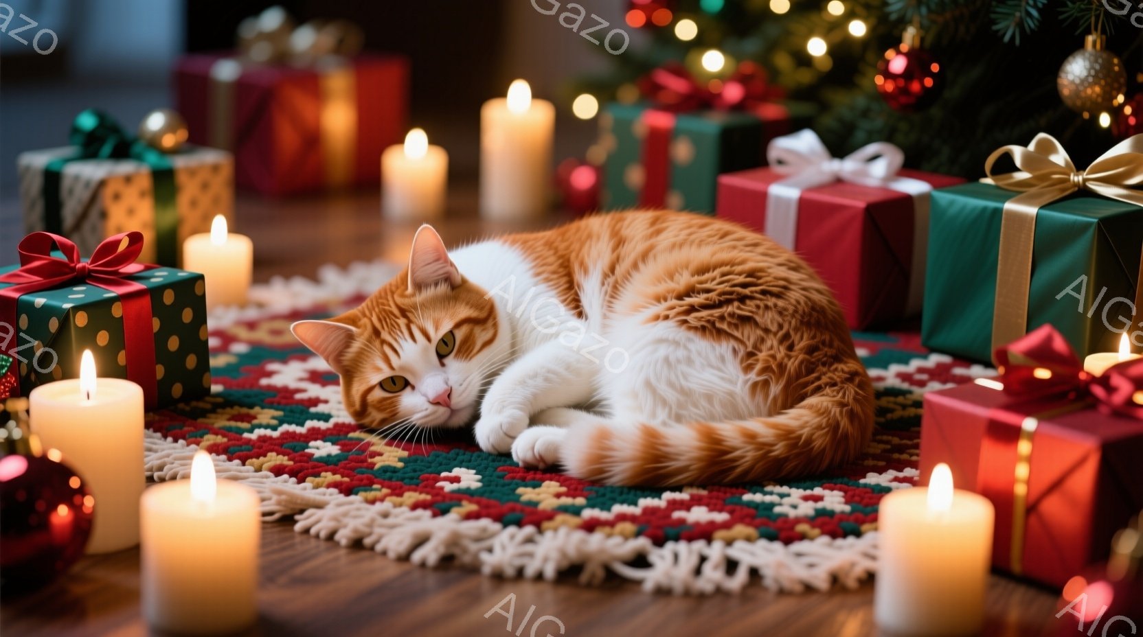 オレンジと白の猫が、赤い敷物の上でゆったりと横たわっています。周囲にはクリスマスプレゼントの箱と、灯されたキャンドルが置かれ、暖かく穏やかな雰囲気を醸し出しています。背景にはぼやけたクリスマスツリーの - AI生成フリー素材