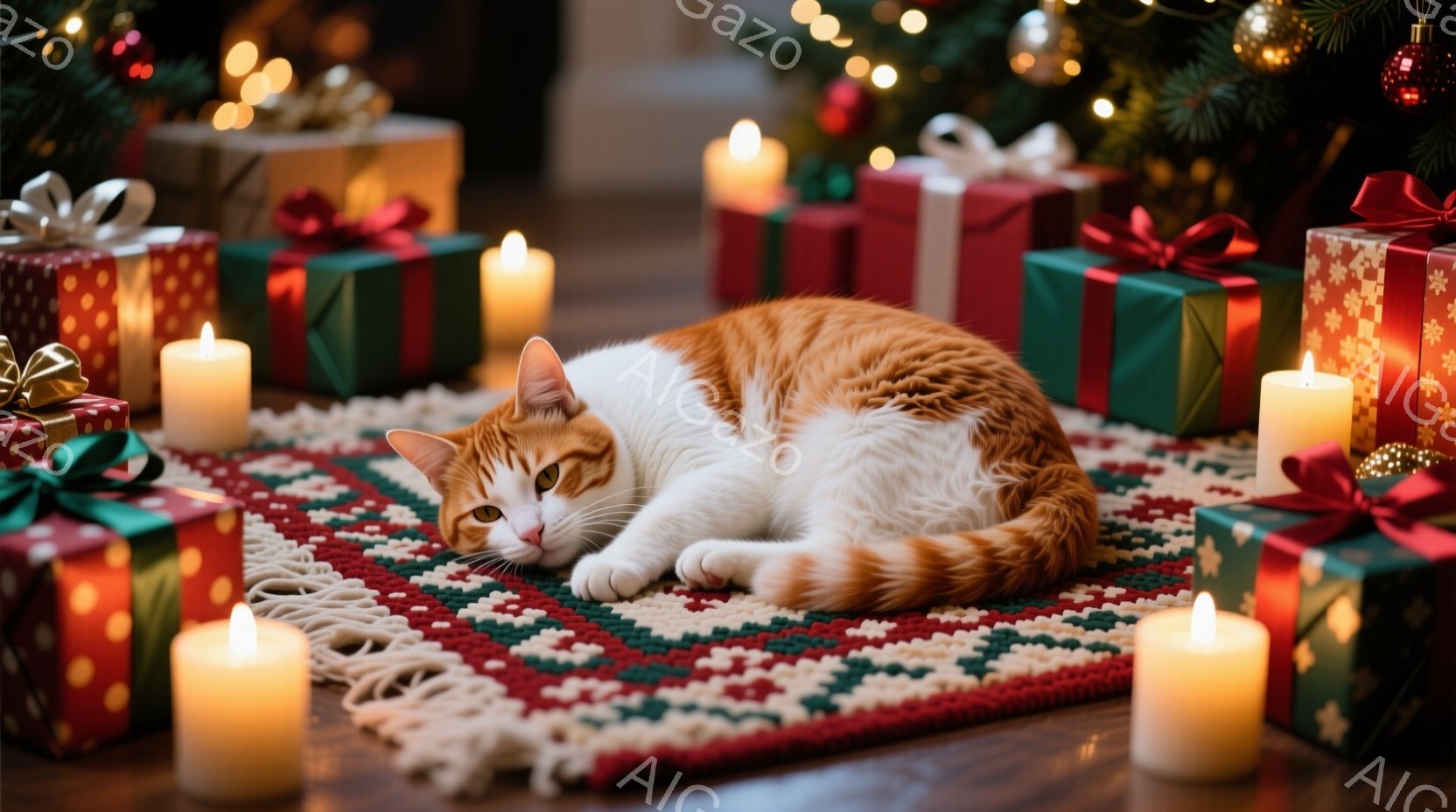 オレンジと白の猫が、赤い背景に緑色の模様が入った絨毯の上で丸まって眠っています。周囲にはクリスマスプレゼントのラッピングされた箱と、点灯したキャンドルが置かれ、背景にはぼやけたクリスマスツリーが見えます。暖かく、穏やかで、祝祭的な雰囲気が漂っています。