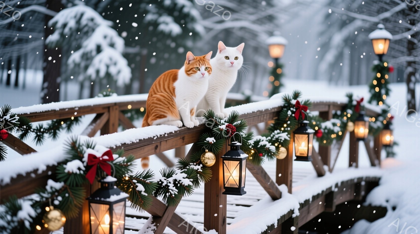 白い橋の欄干に、オレンジと白の模様の猫が2匹並んで座っています。橋はクリスマス装飾で飾られており、松の枝、赤いリボン、黄金色のオーナメント、そして点灯されたランタンが冬の風景に暖かさを添えています。雪が降り積もり、背景にはぼやけた木々が広がり、穏やかで祝祭的な雰囲気を醸し出しています。